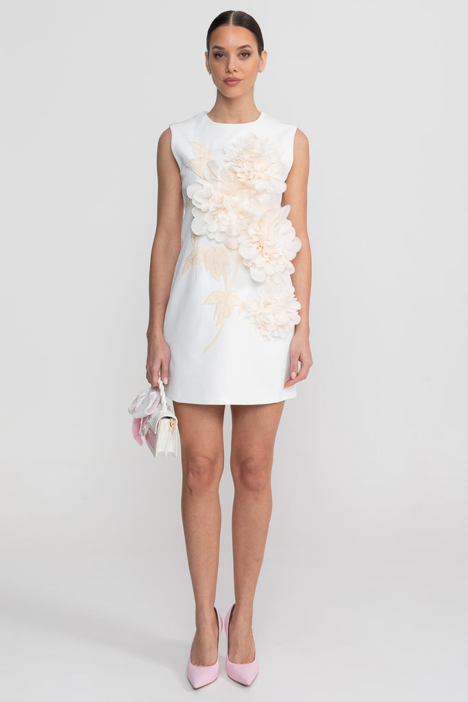 Ärmelloses Mini-Kleid mit Rundhalsausschnitt und 3D-Blumenapplikation - Weiß 