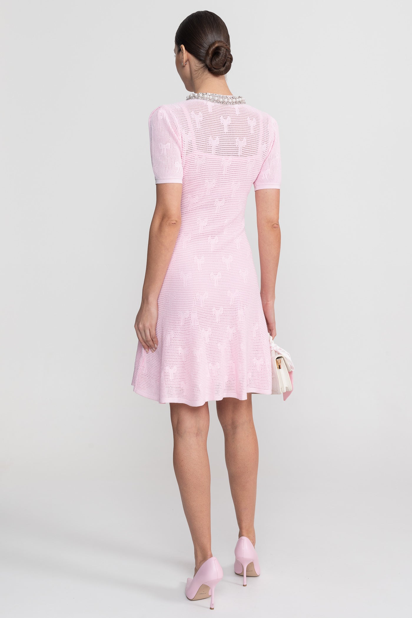 Textured Short Sleeve Mini Dress With Pearl Trim Neckline And Crystal Buttons - Pink