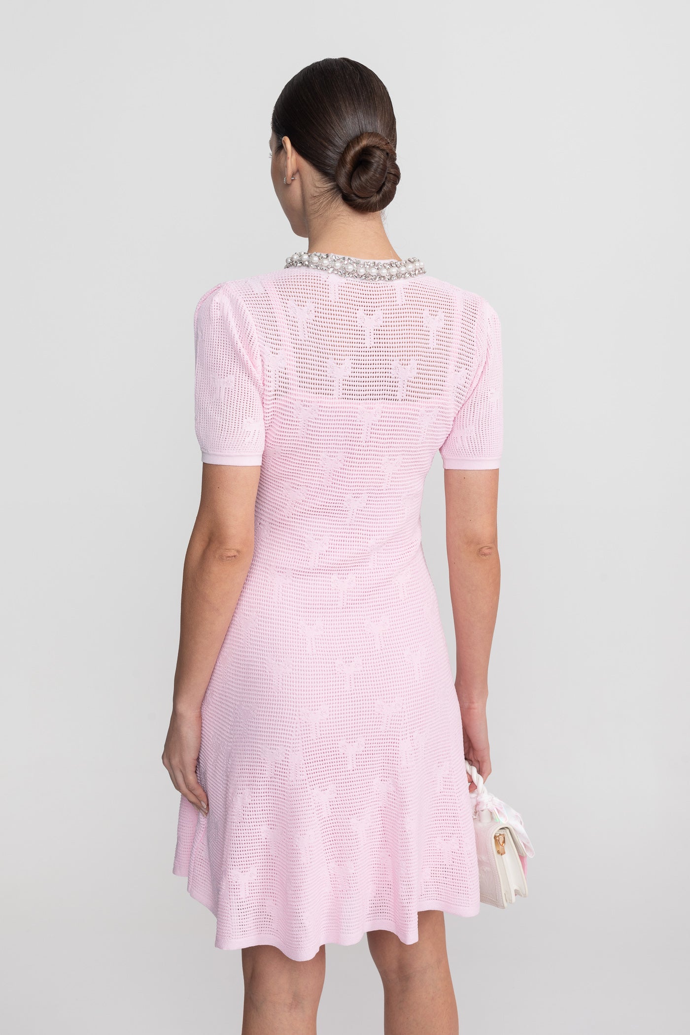 Textured Short Sleeve Mini Dress With Pearl Trim Neckline And Crystal Buttons - Pink
