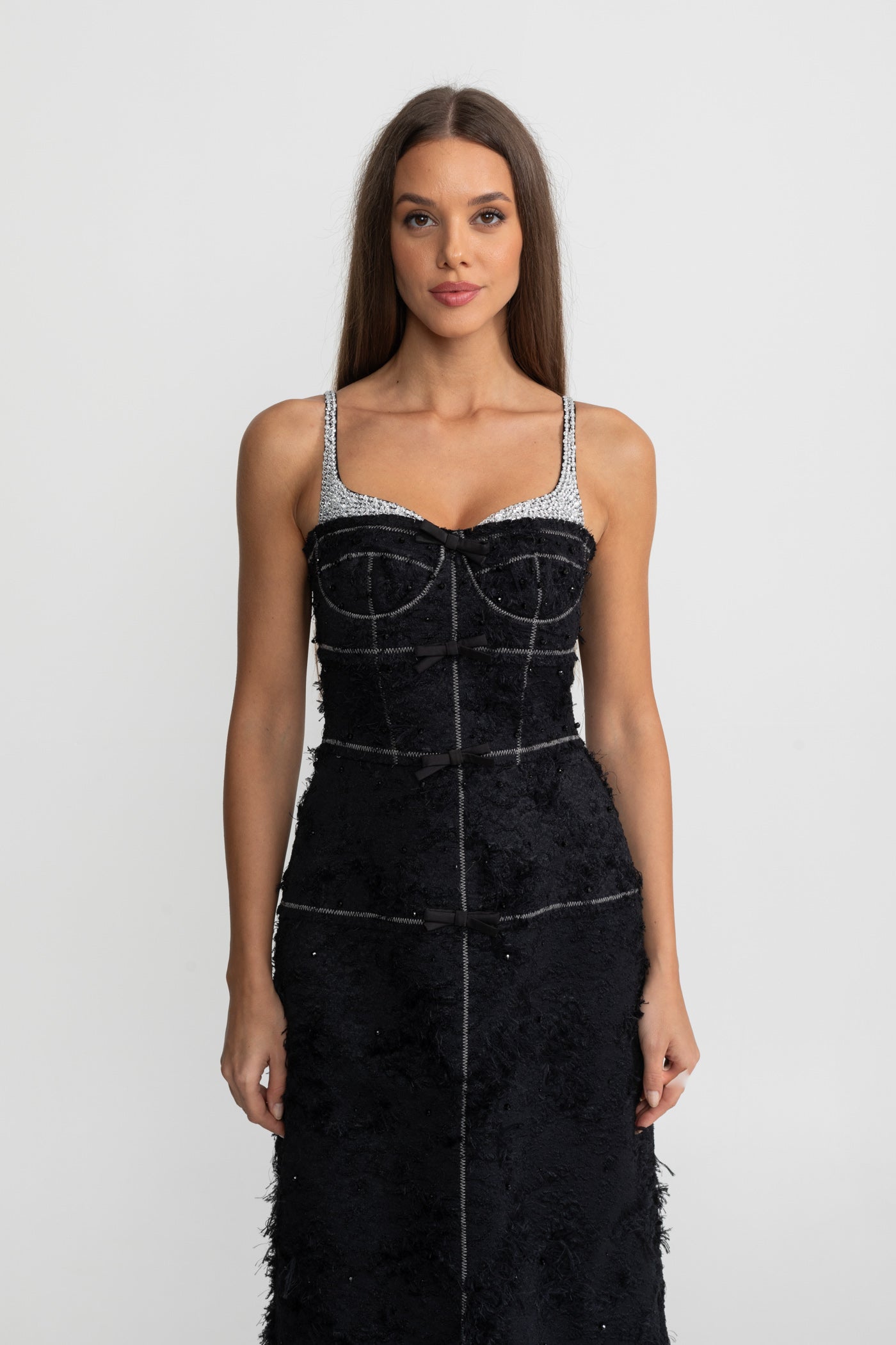 Textured Tweed Midi Dress With Contrast Straps and Bow Detailing – Black