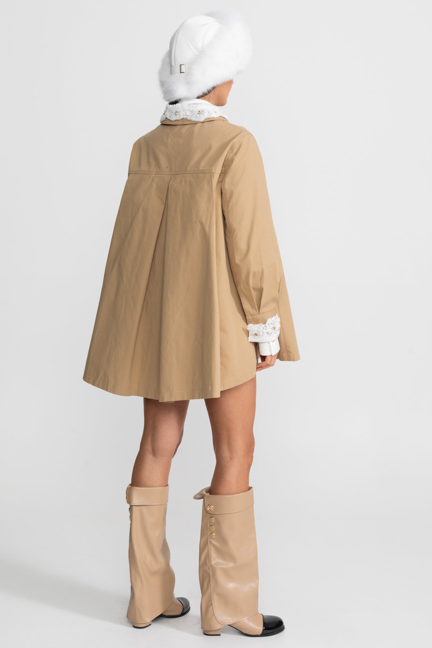 A-Line Trench Mini Dress With Embroidered Collar – Camel