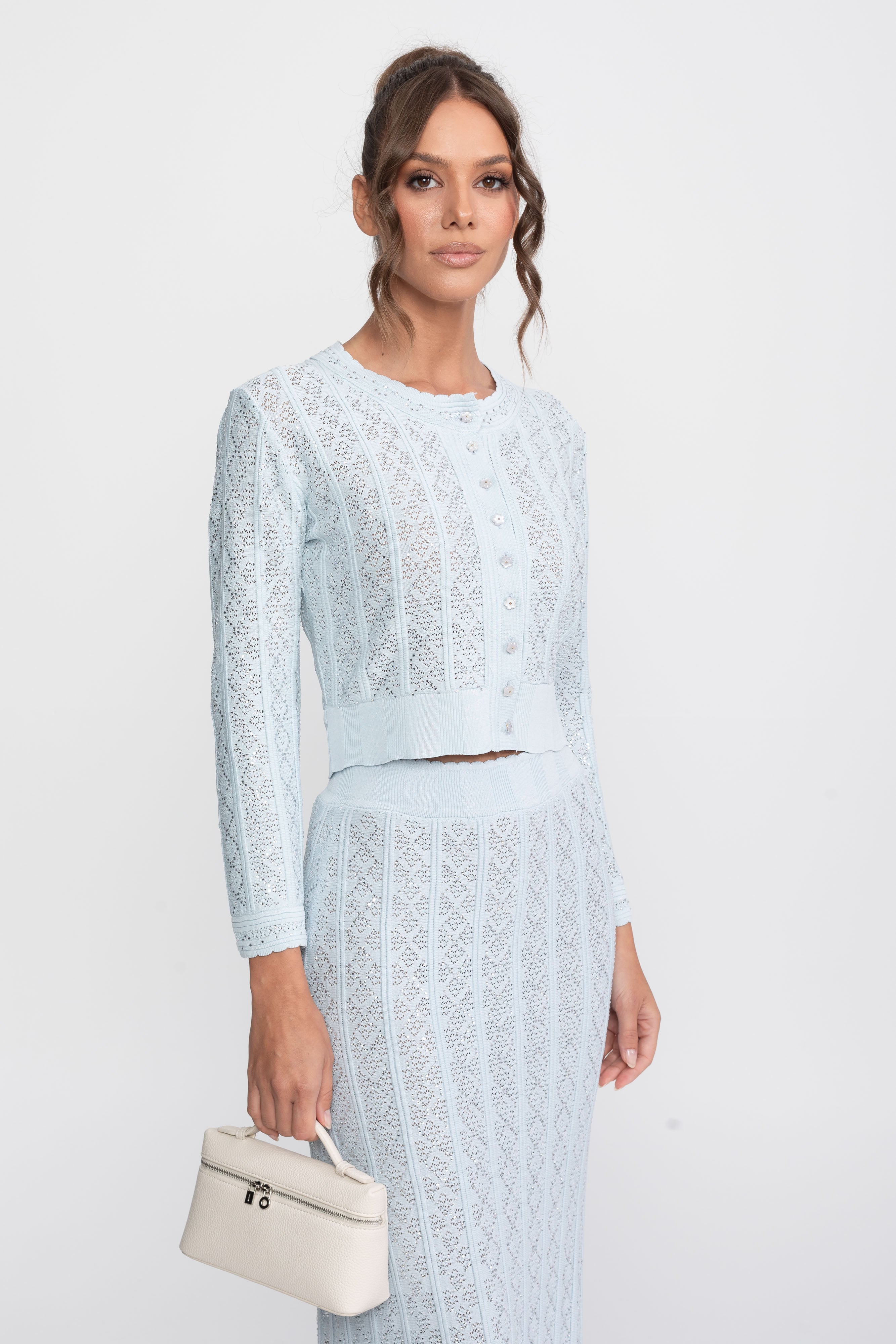 Eyelet Knit Co-Ord Set With Cardigan And Maxi Skirt - Light Blue