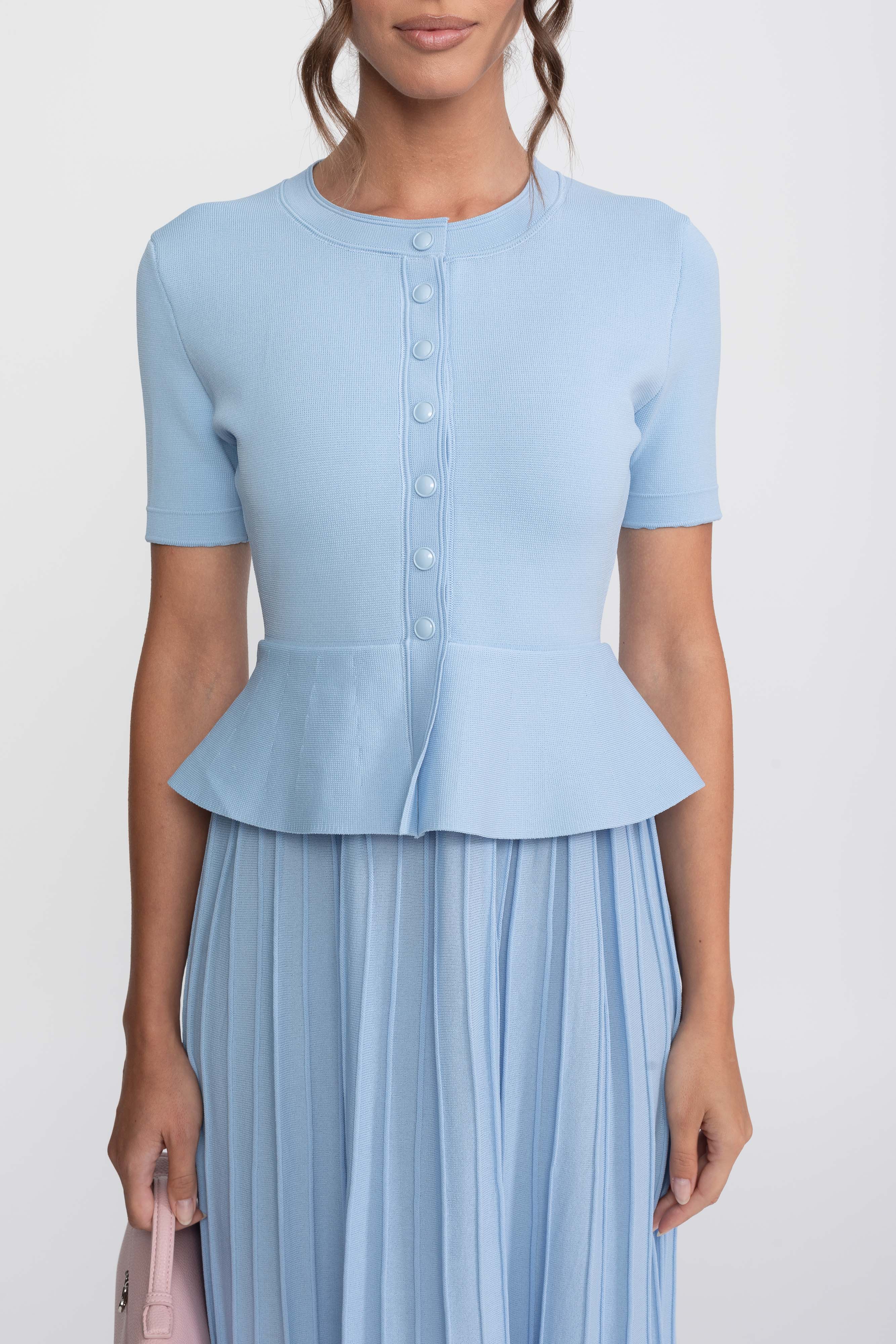 Peplum-Strick-Midikleid mit Knopfleiste - Light Blue 