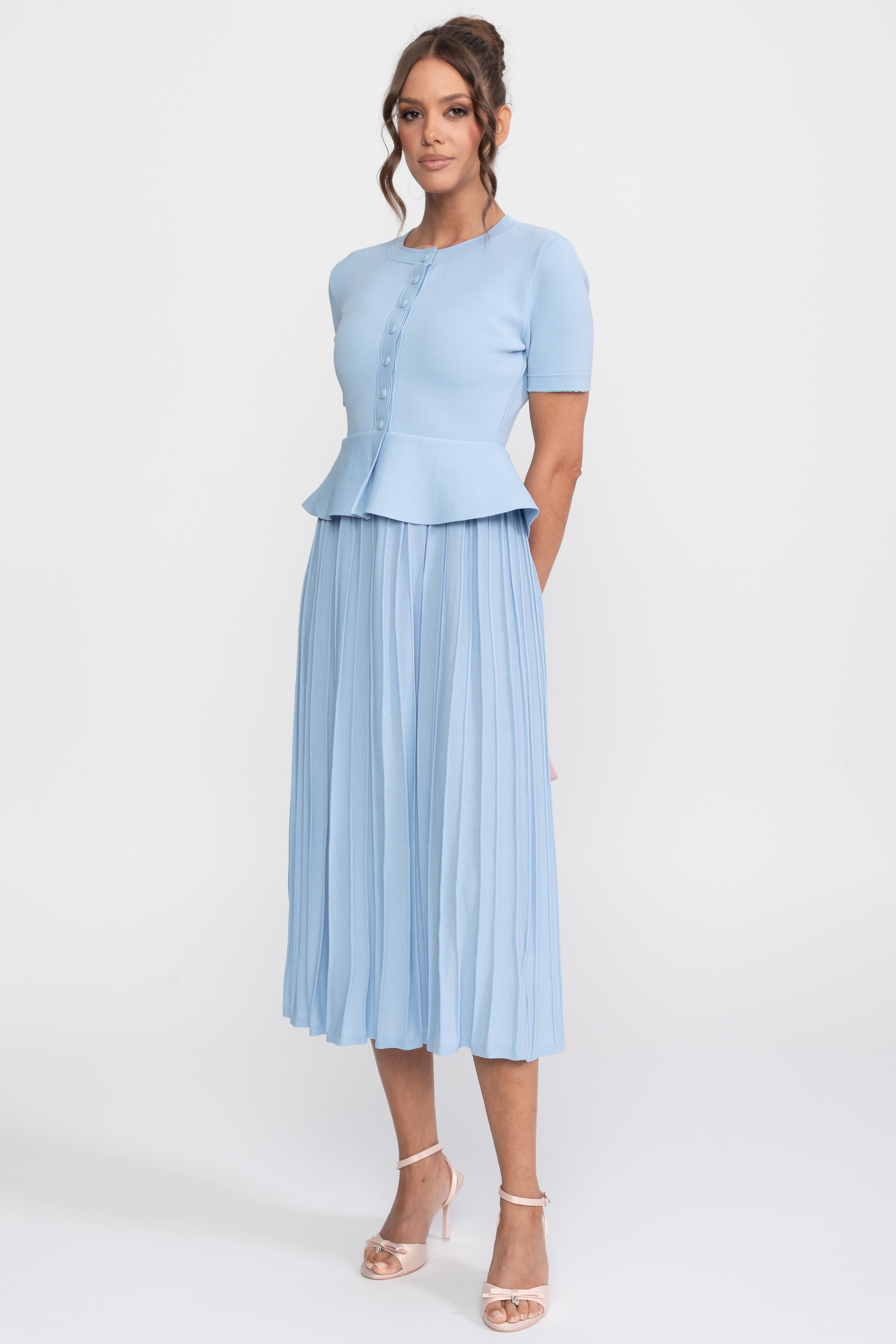 Peplum-Strick-Midikleid mit Knopfleiste - Light Blue 