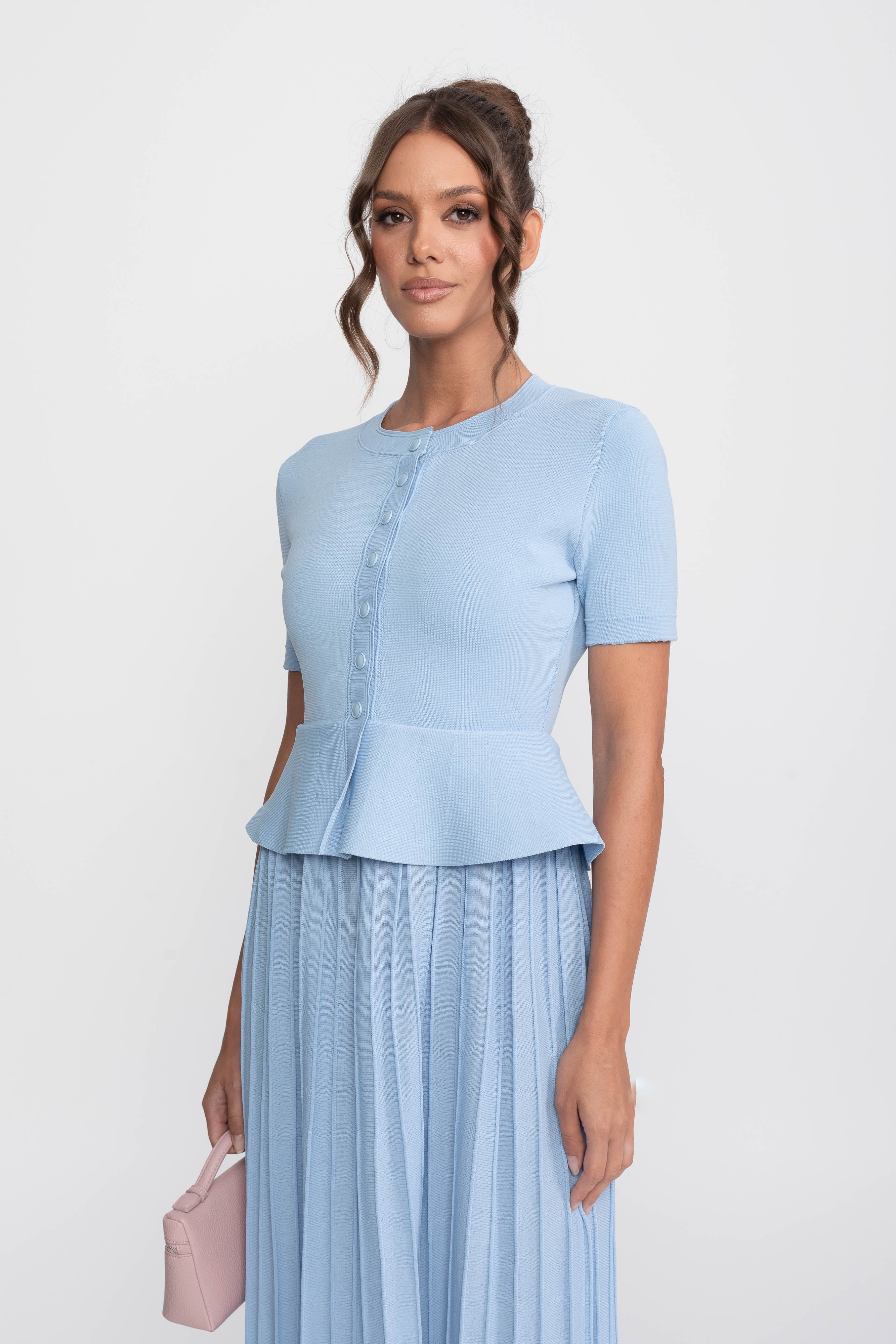 Peplum-Strick-Midikleid mit Knopfleiste - Light Blue 