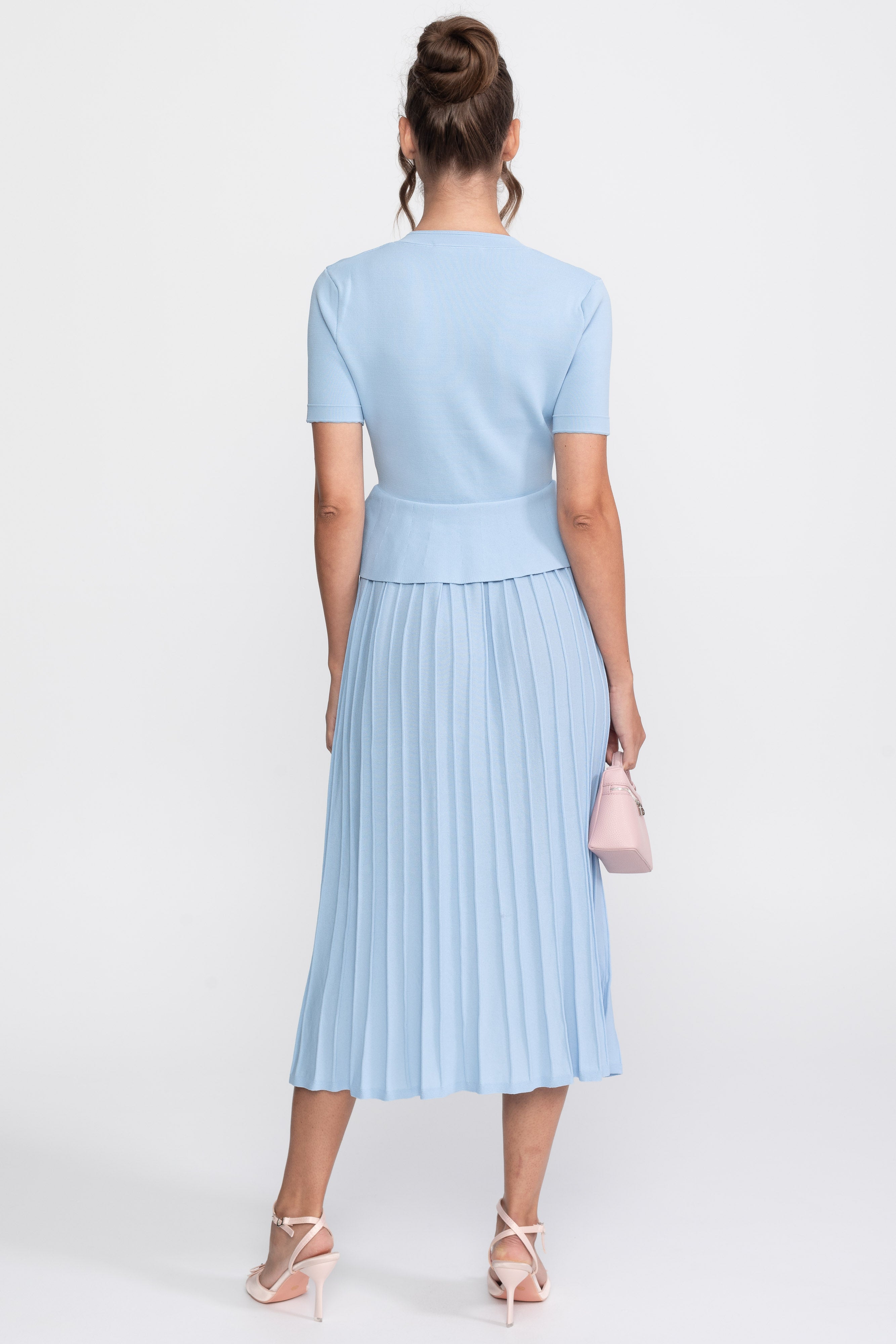 Peplum-Strick-Midikleid mit Knopfleiste - Light Blue 