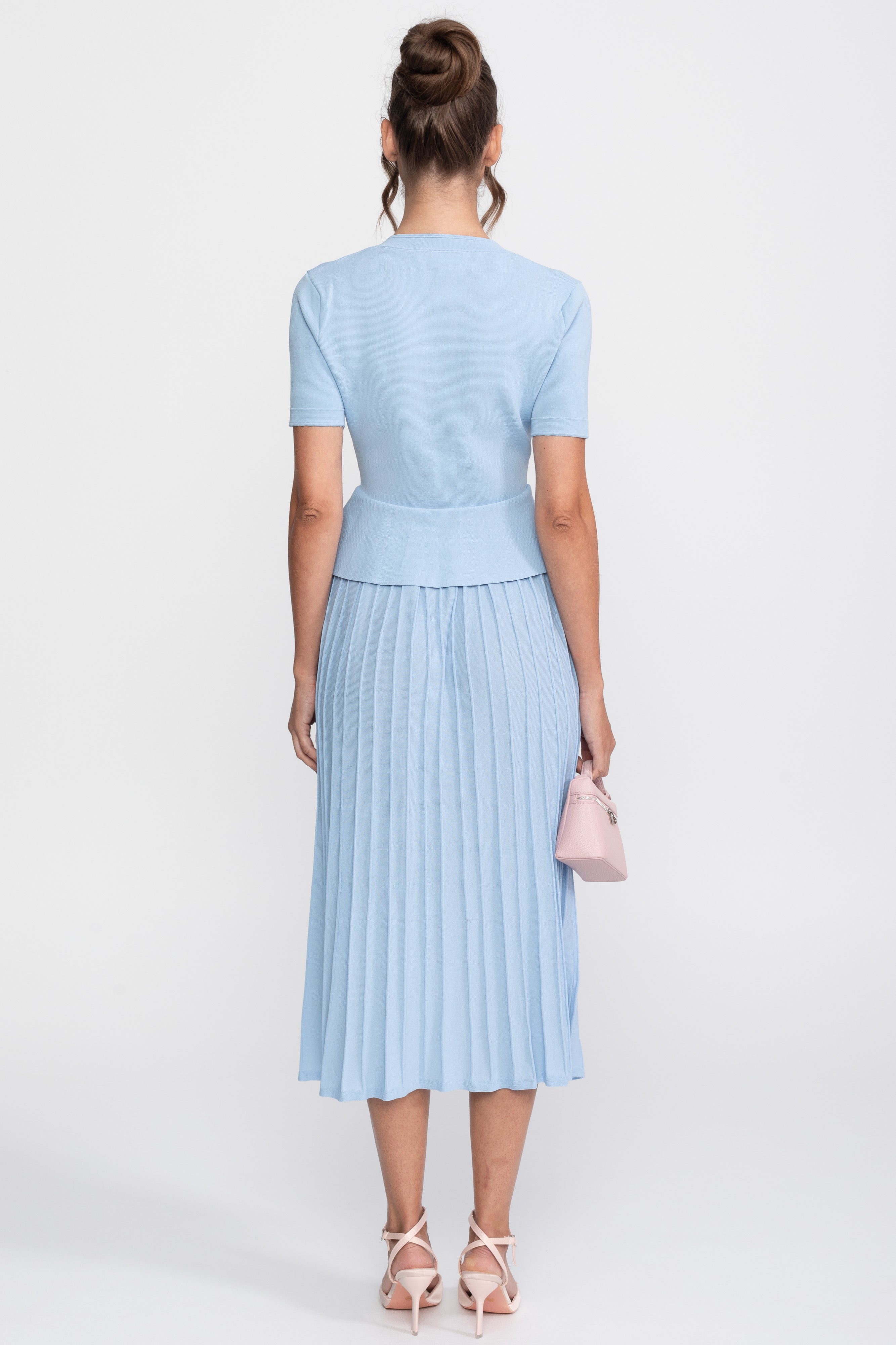 Peplum-Strick-Midikleid mit Knopfleiste - Light Blue 