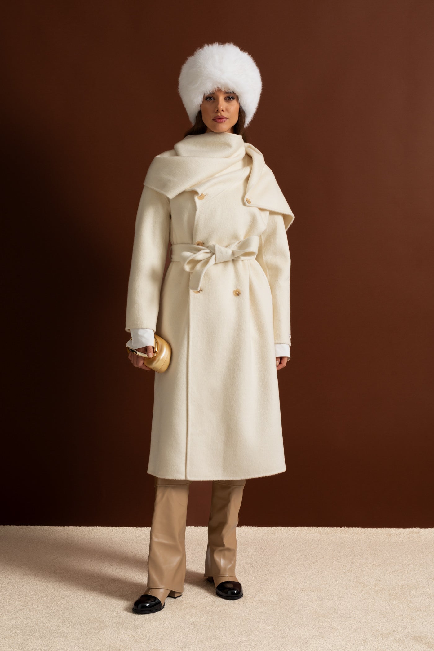 Midi Coat with Oversized Scarf Collar - Beige