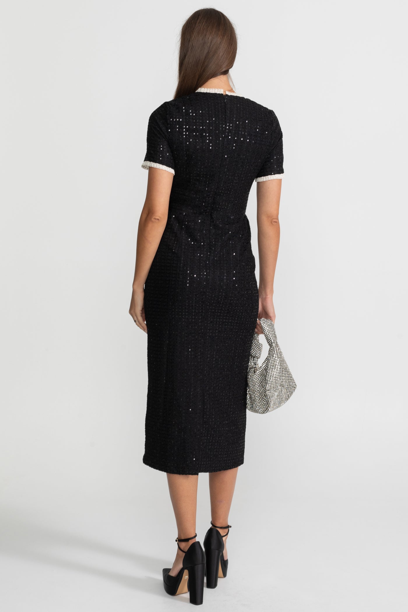Sequin Midi Dress With Crystal Buttons and Lace Trim – Black
