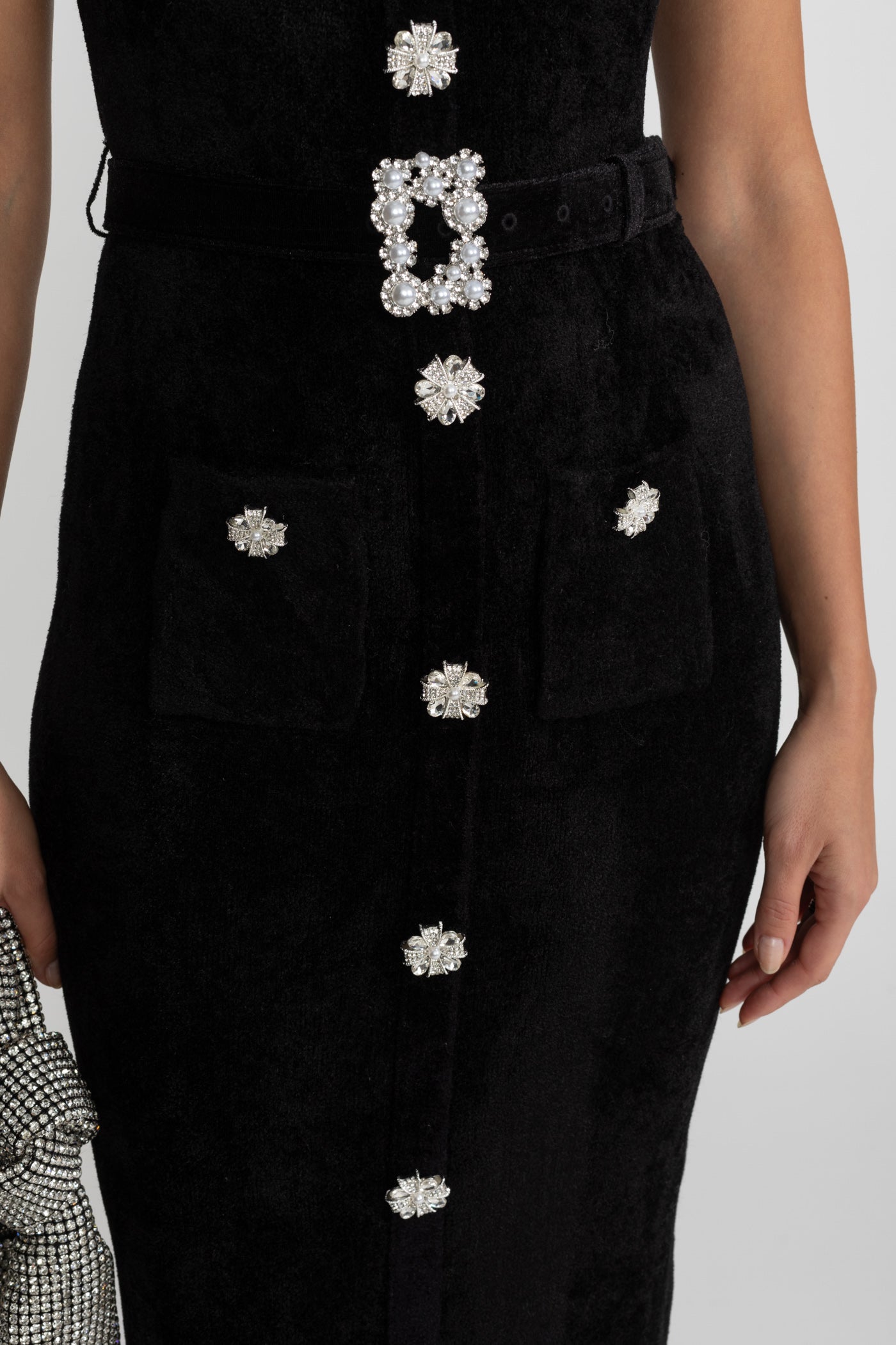Elegant Midi Dress With Crystal Buttons and Lace Trim – Black