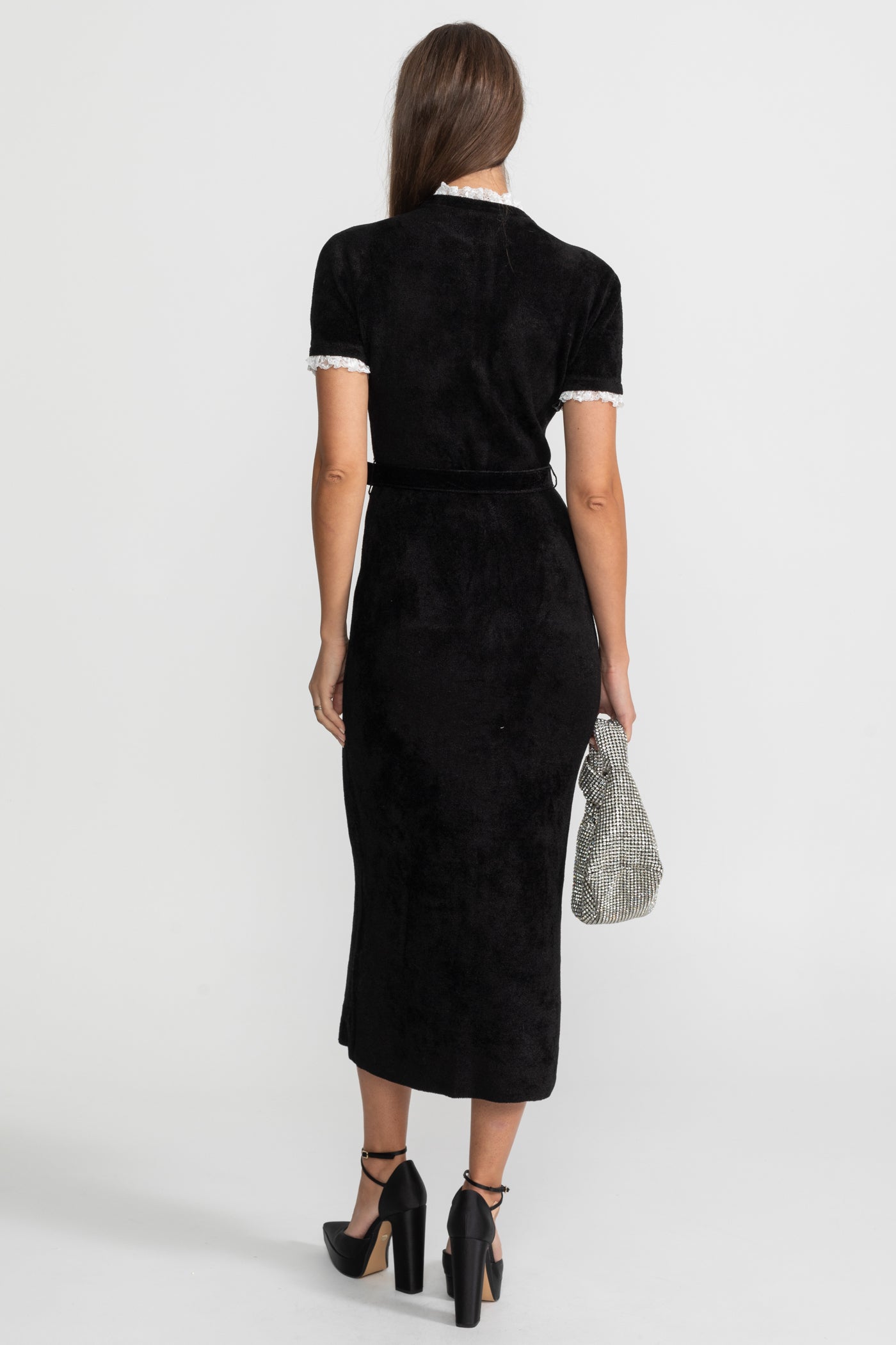 Elegant Midi Dress With Crystal Buttons and Lace Trim – Black