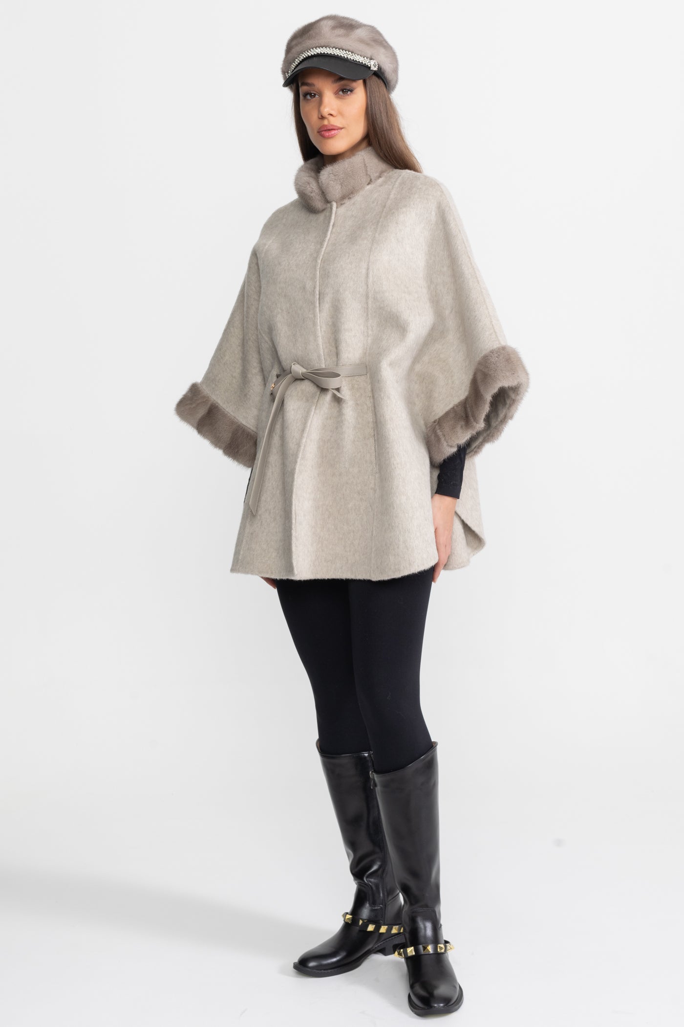 Wool Blend Cape Coat with Sable Fur Trim – Light Grey
