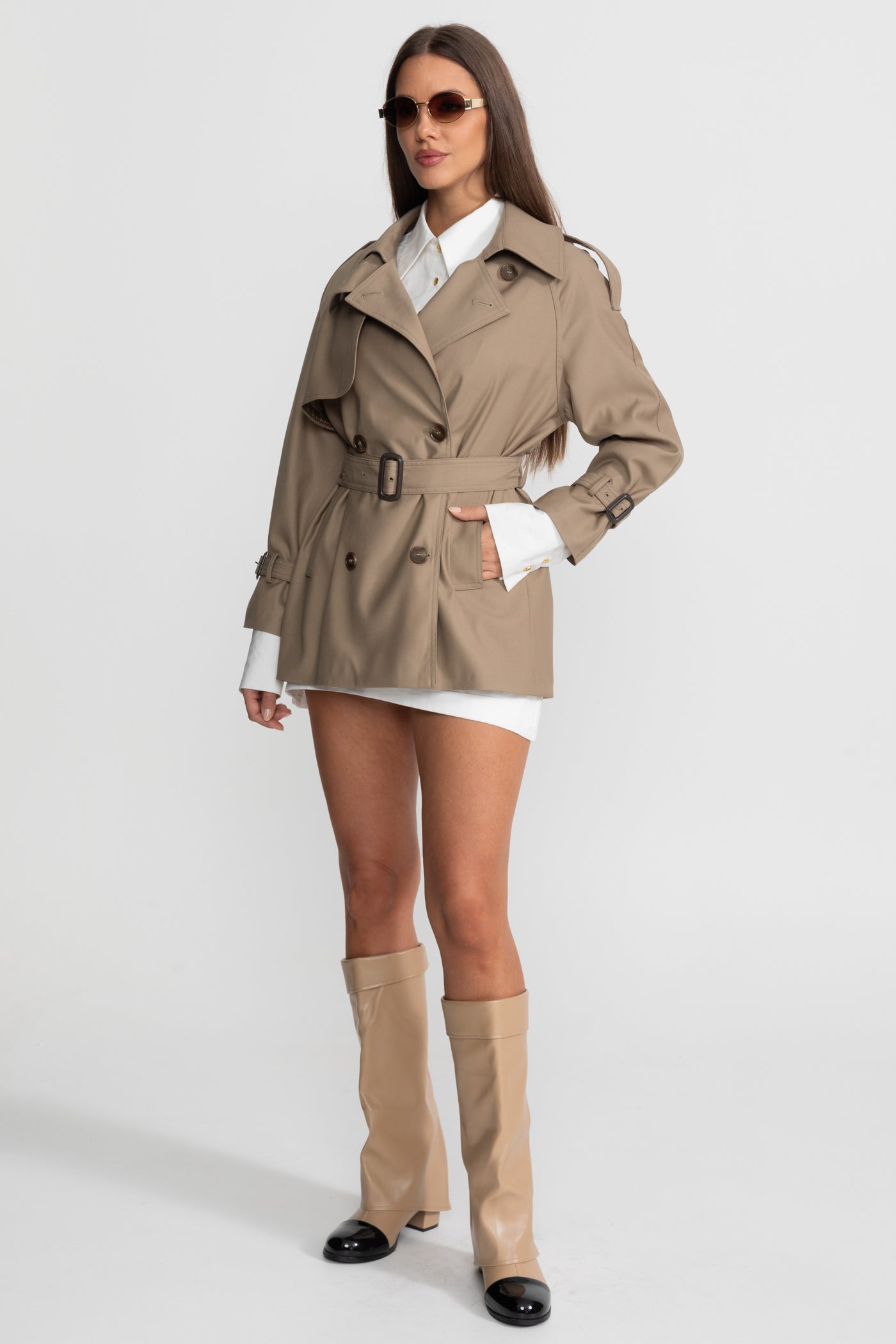 Classic Double-Breasted Trench Coat With Belted Waist – Khaki