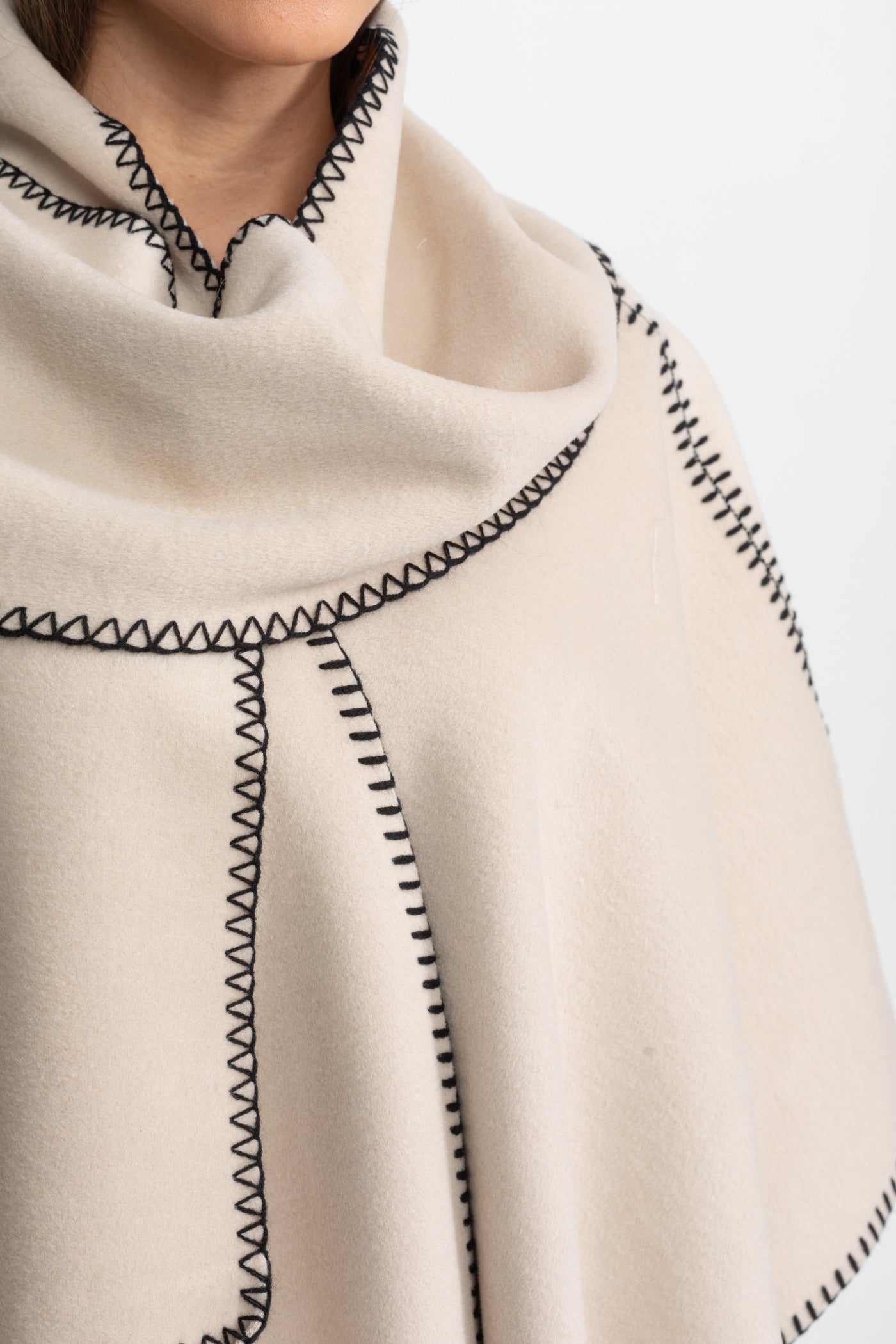 Wool Blend Poncho with Contrast Whipstitch Edging – Ivoire