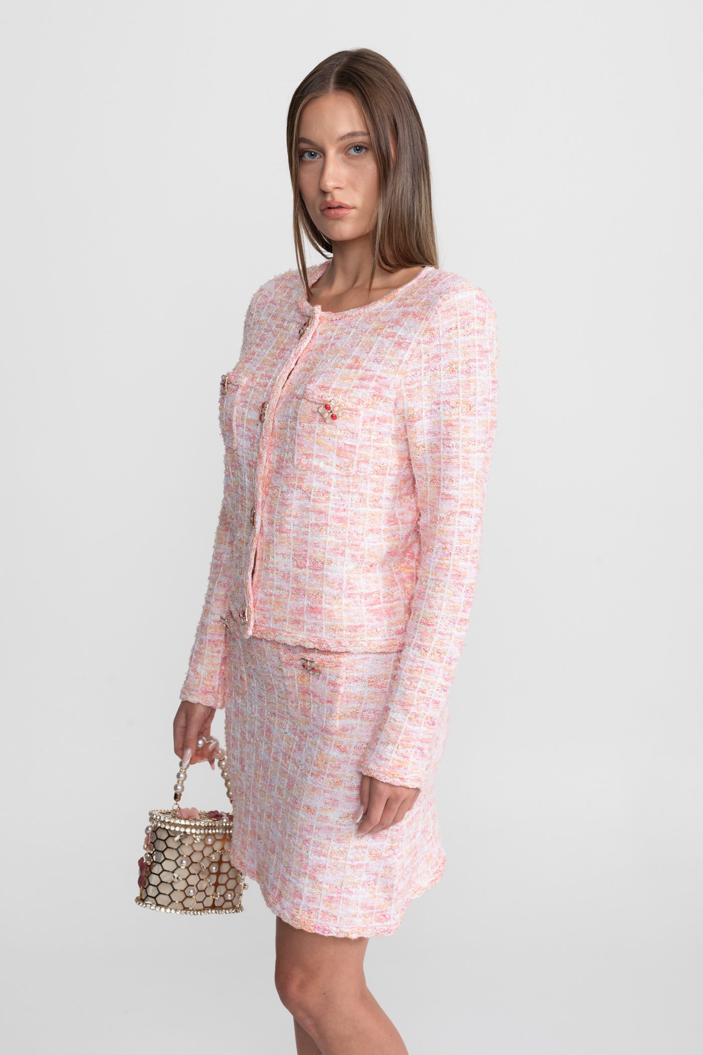 Tweed Co-Ord Set With Embellished Buttons – Blush Pink