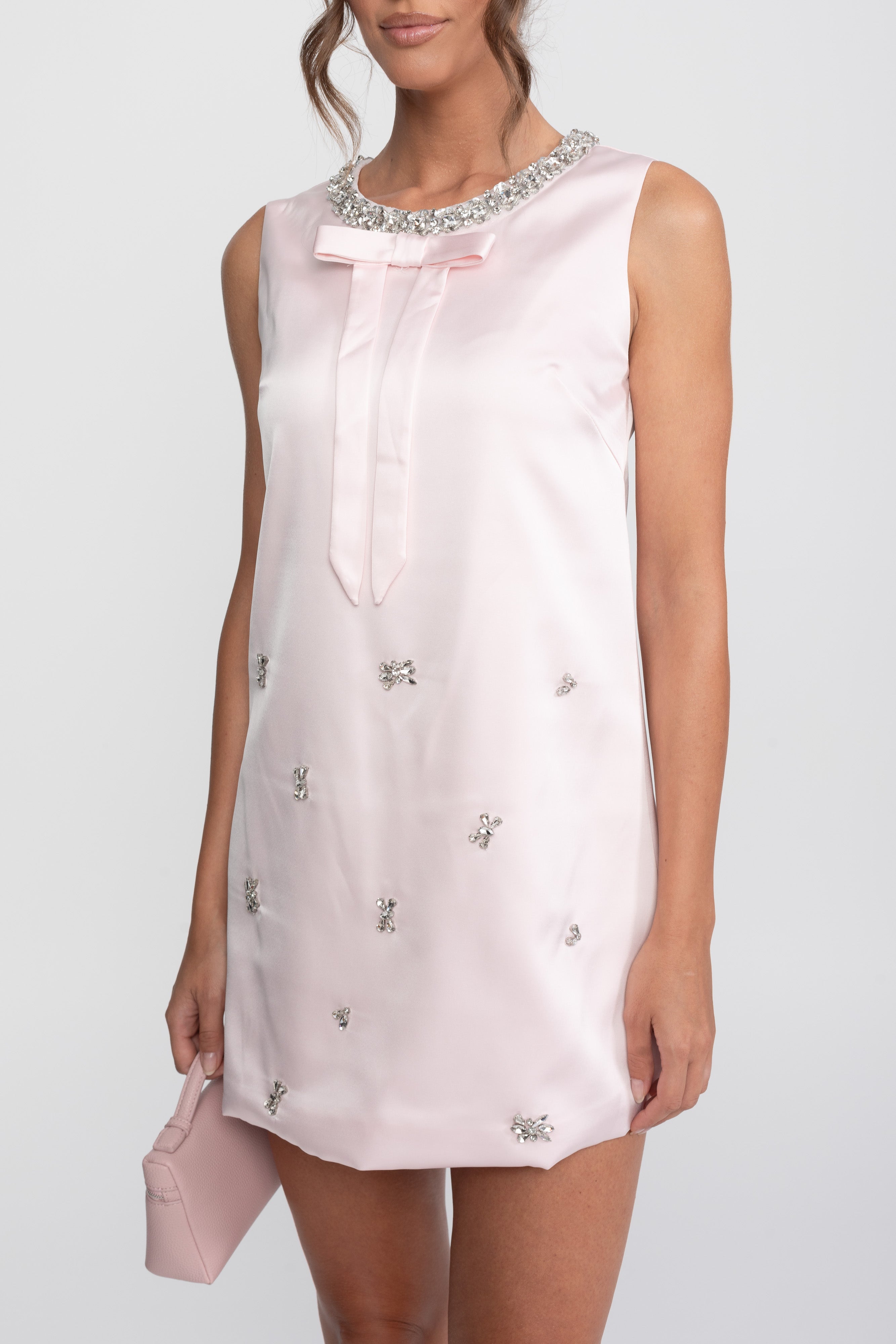Crystal-verzierte Shift-Minikleid mit Satin-Schleife - Pink 