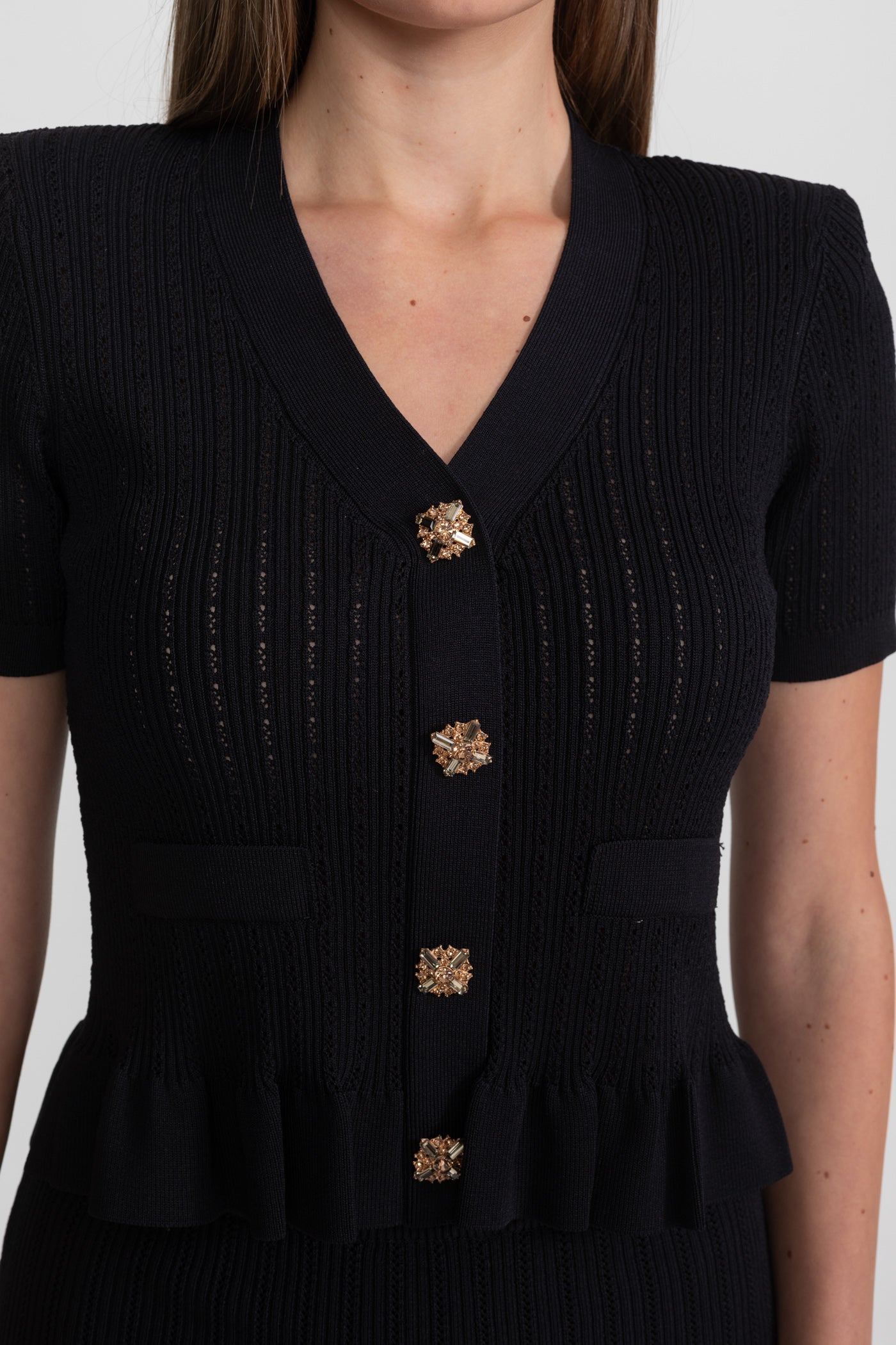 Knit Midi Co-Ord with Peplum Waist and Gold Buttons  – Black