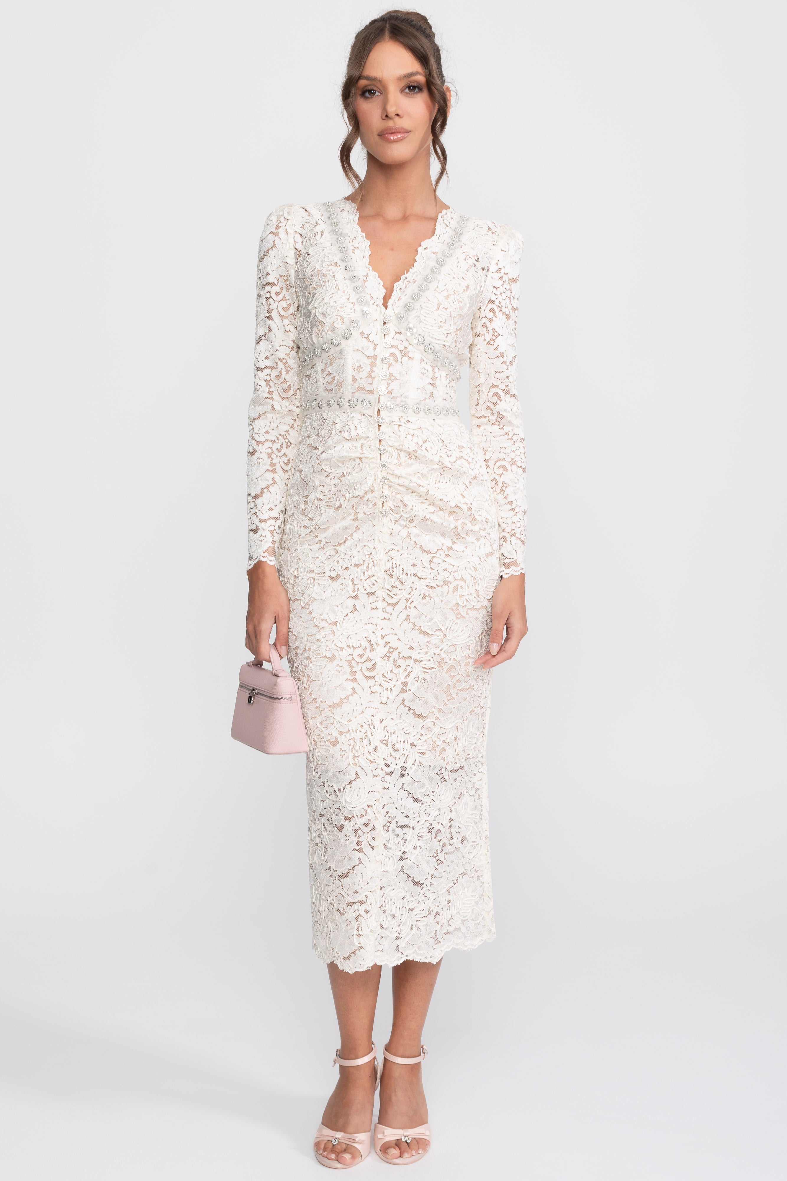 Lace Midi Dress With Crystal V-Neckline And Ruched Front Detail - Ivoire