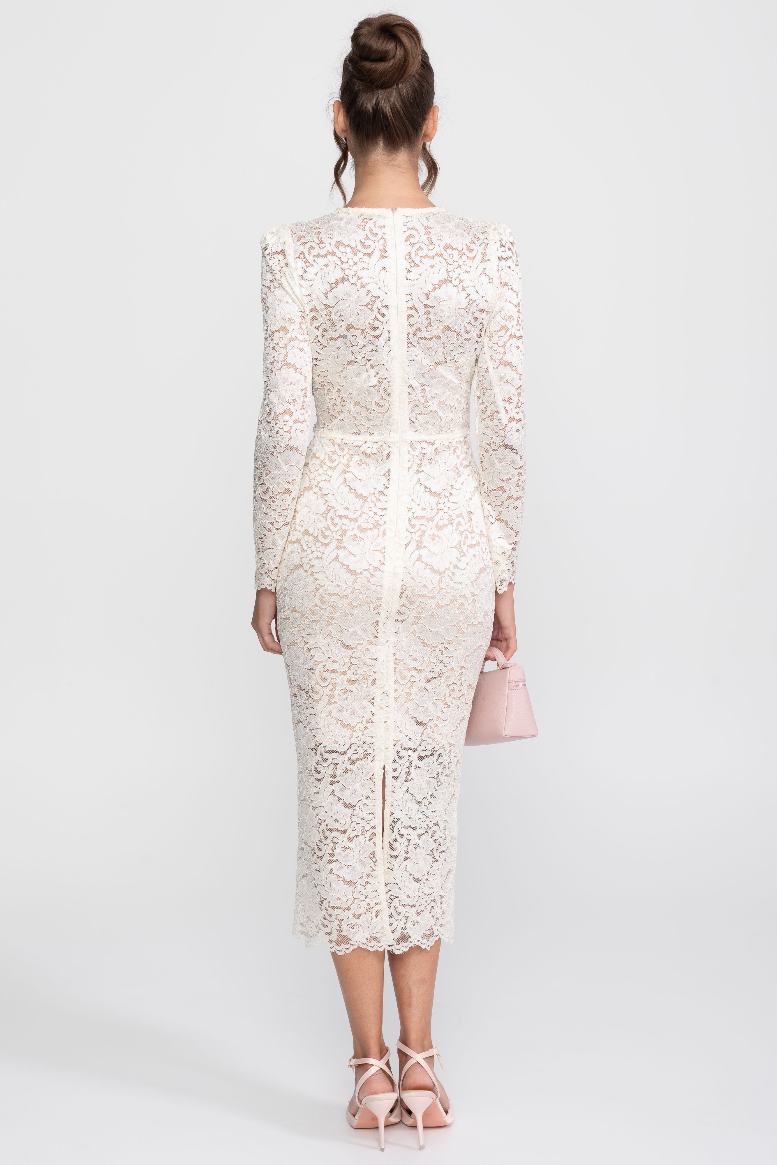 Spitzen-Midikleid mit Kristall-V-Ausschnitt und Drapierungsdetail vorne – Weiß 