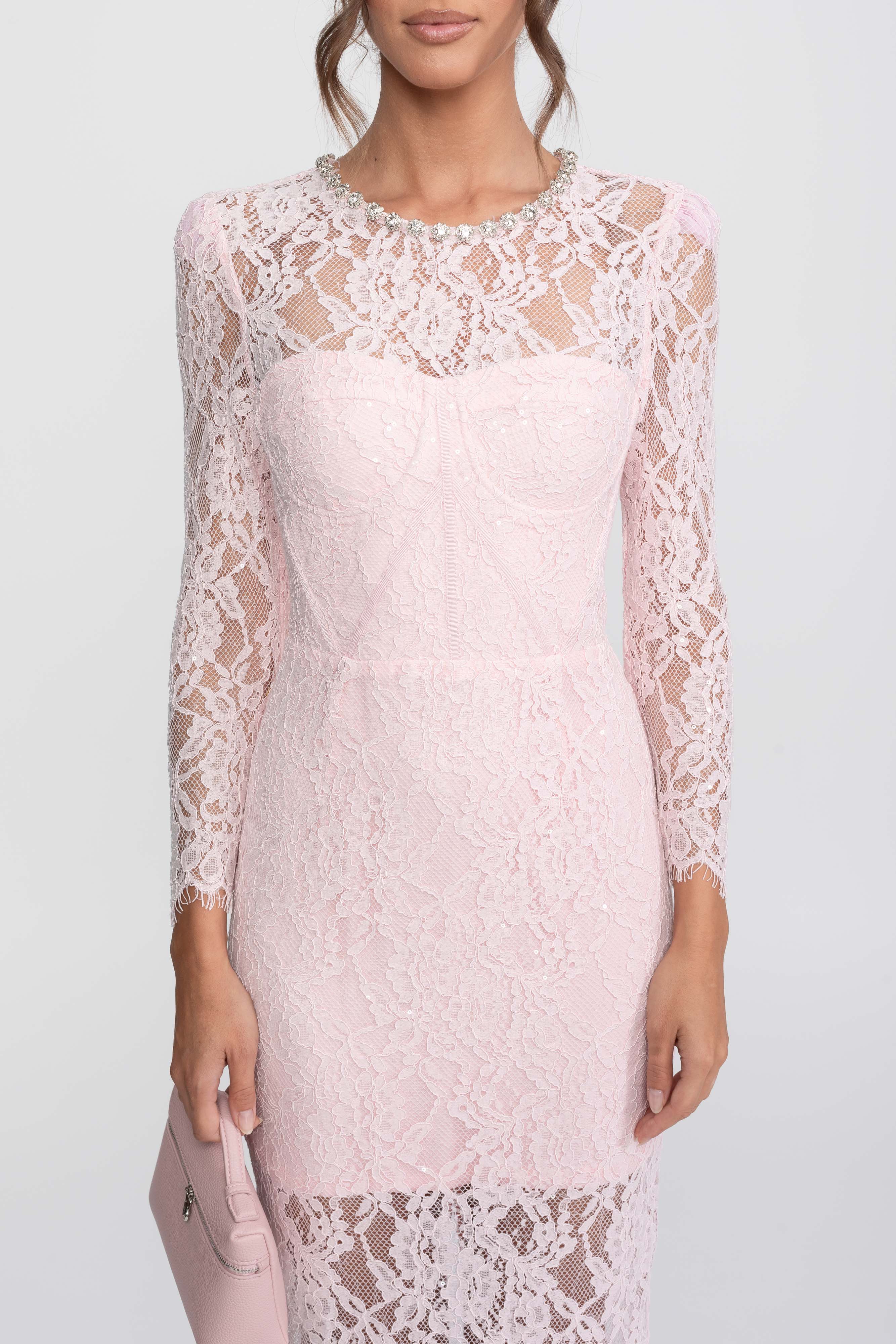 Midikleid mit Spitzenbesatz und Kristall-Ausschnitt - Rosa 