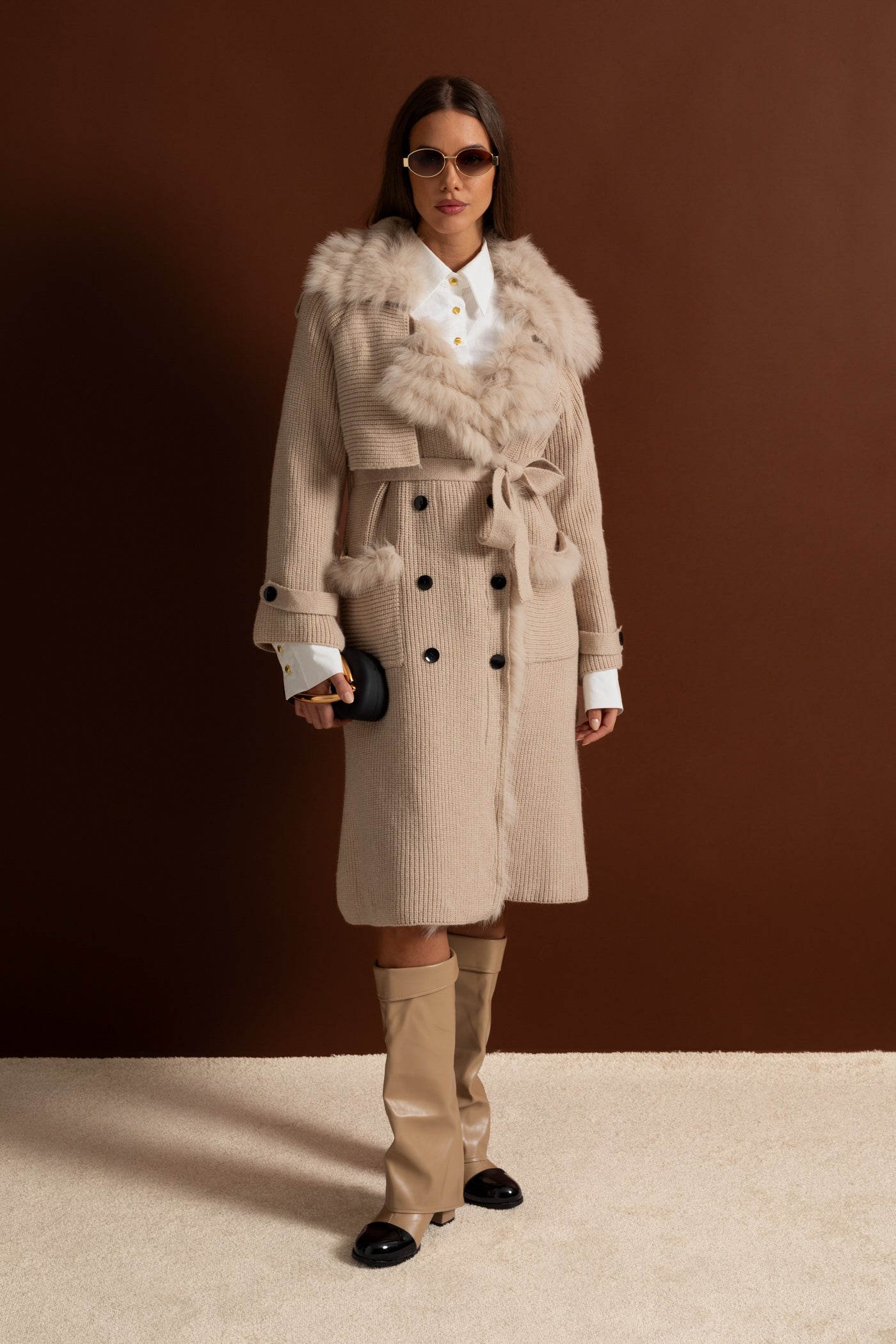 Double-Breasted Wool Knit Overcoat With Fur Trim – Beige
