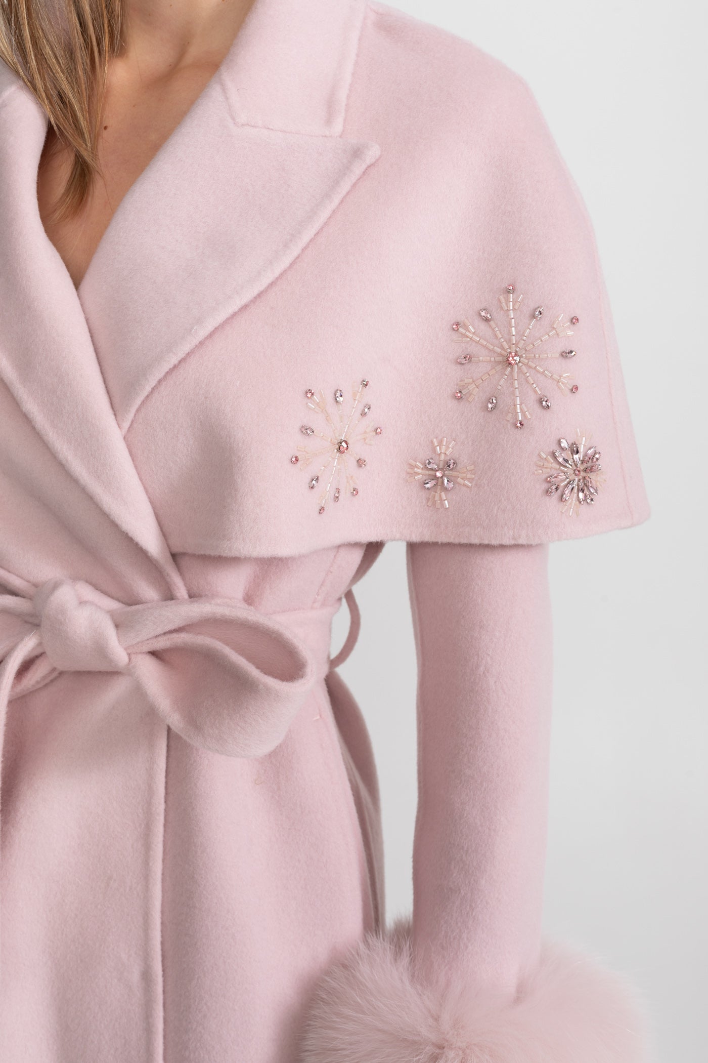 Embellished Wool Coat with Fox Fur Cuffs And Cape Overlay - Pink