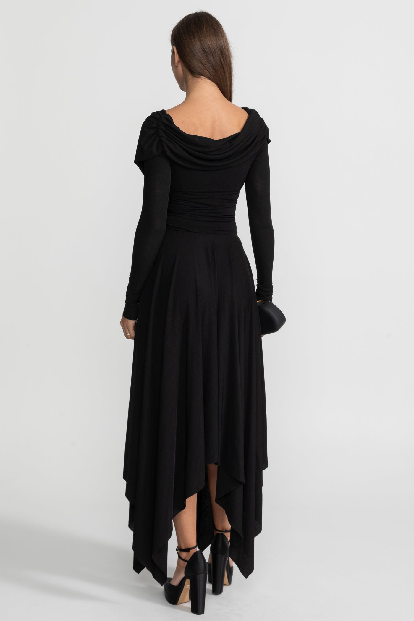 Draped Long-Sleeve Asymmetric Midi Dress – Black