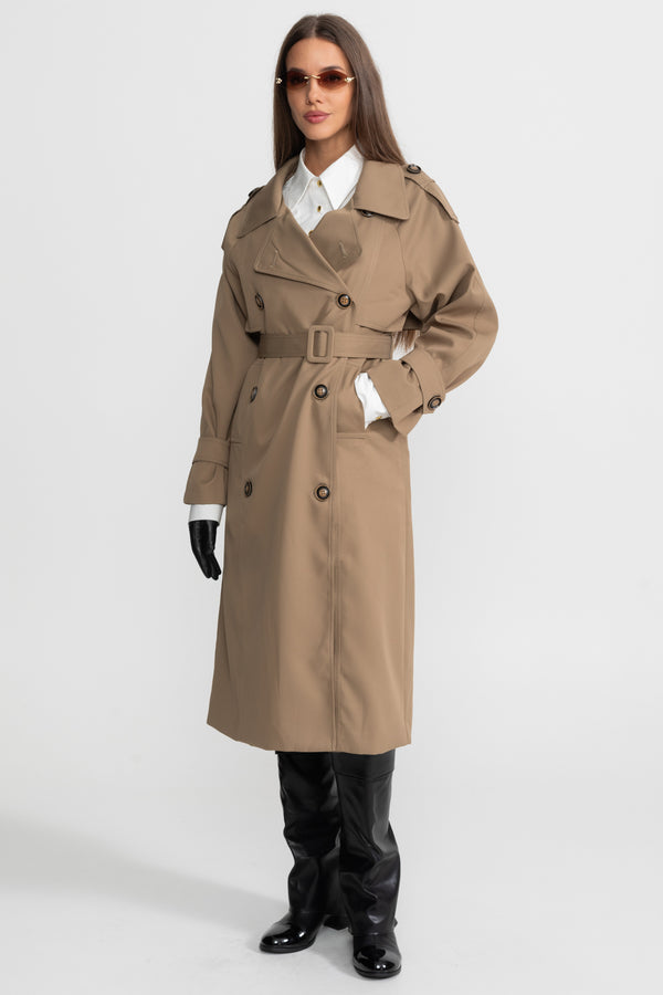Doppelreihiger Mid-Cut Trenchcoat mit tailliertem Gürtel – Khaki 