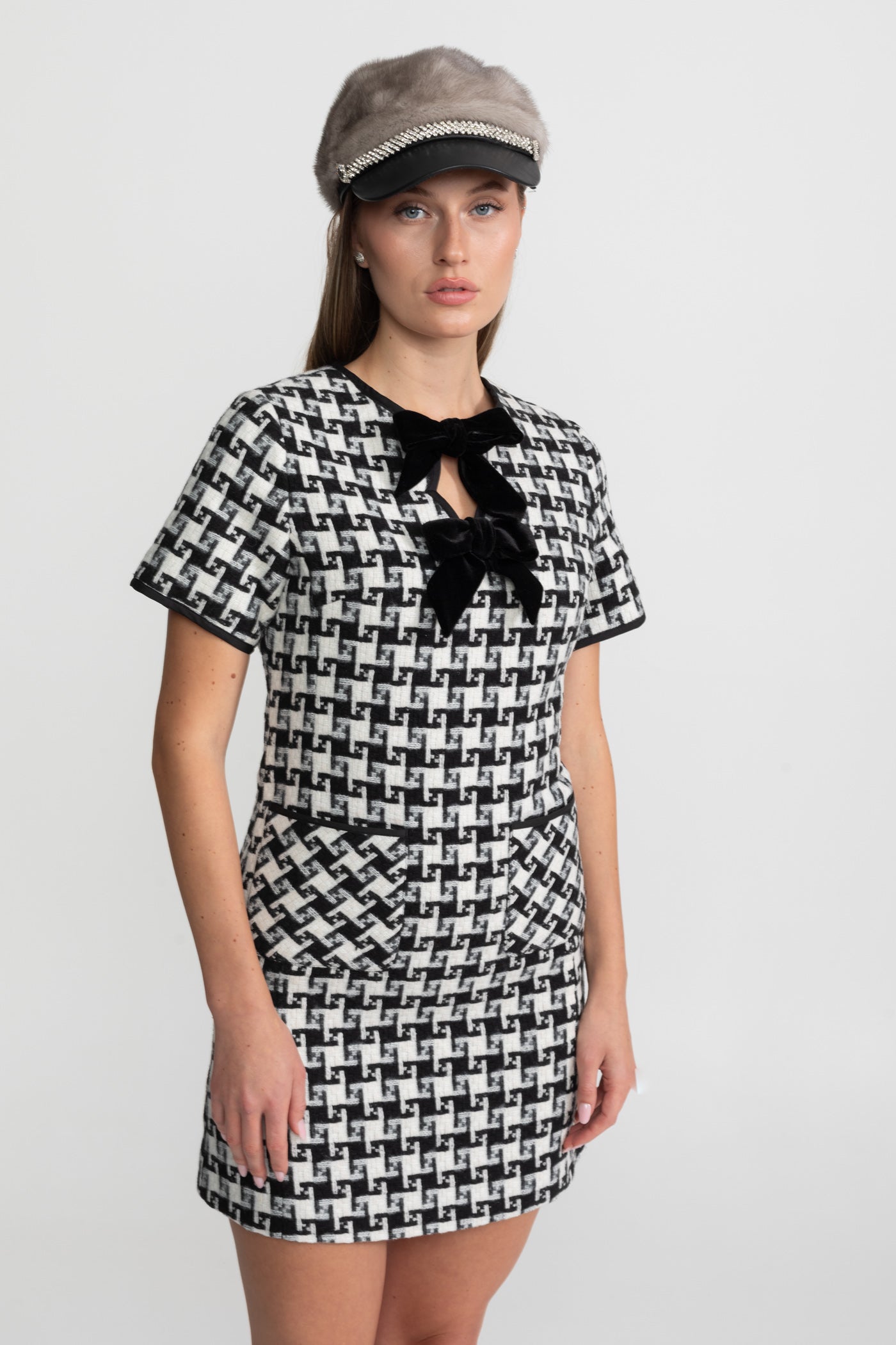 Velvet Bow Tweed Mini Dress With Check Pattern – Black And White