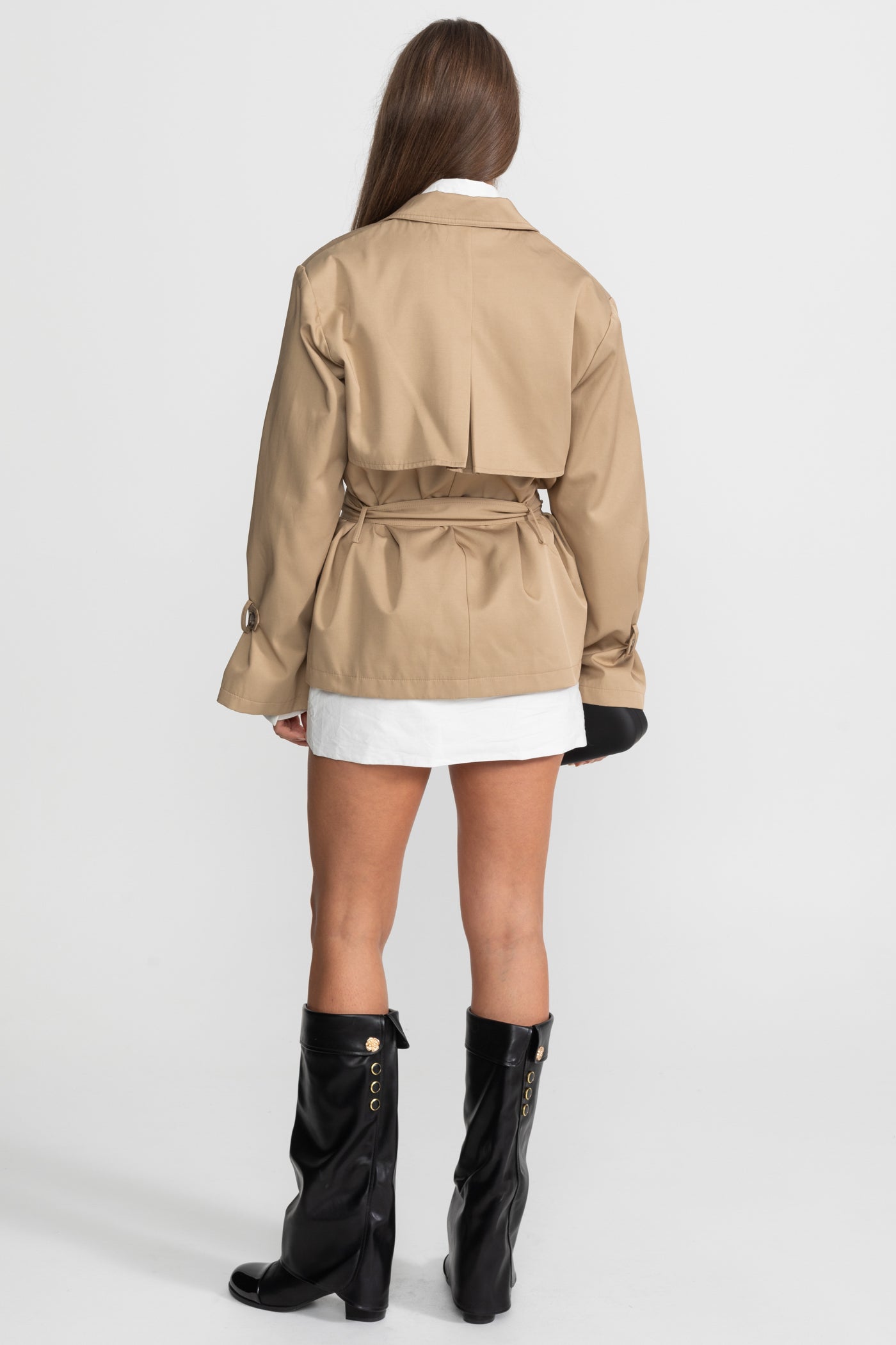 Cropped Double-Breasted Trench Jacket With Belted Waist – Camel