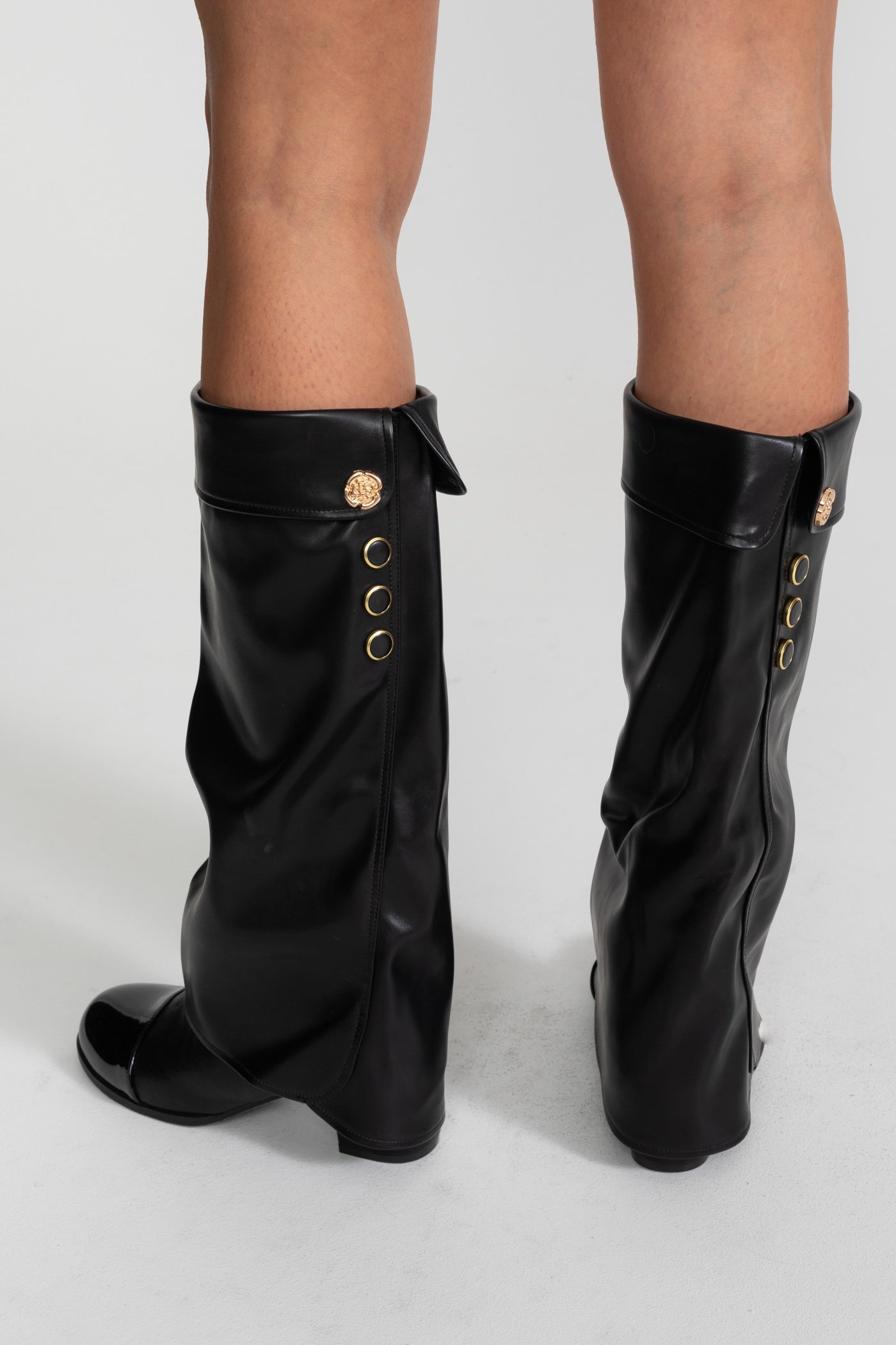 Folded Knee-High Boots With Patent Cap Toe – Black
