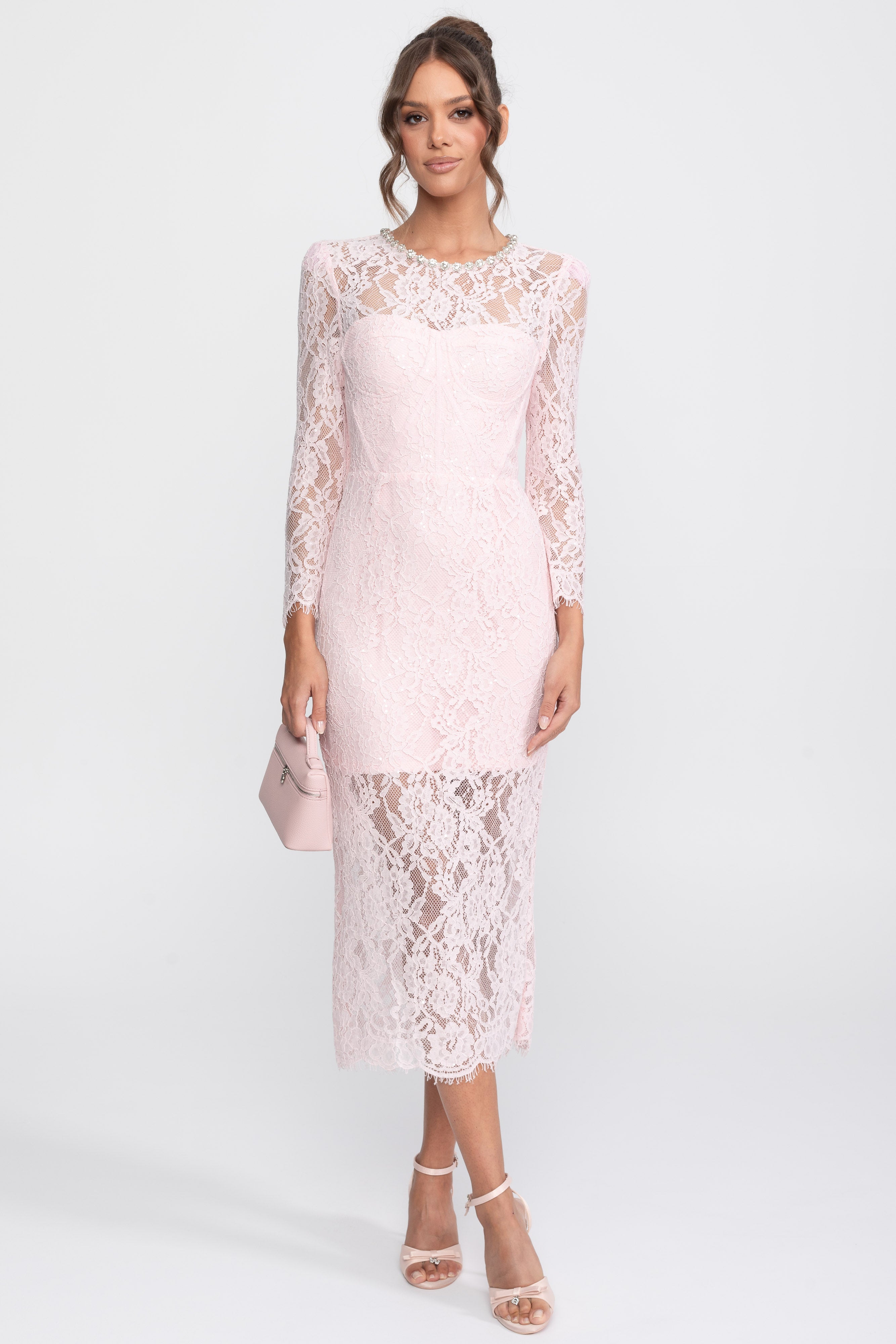Midikleid mit Spitzenbesatz und Kristall-Ausschnitt - Rosa 