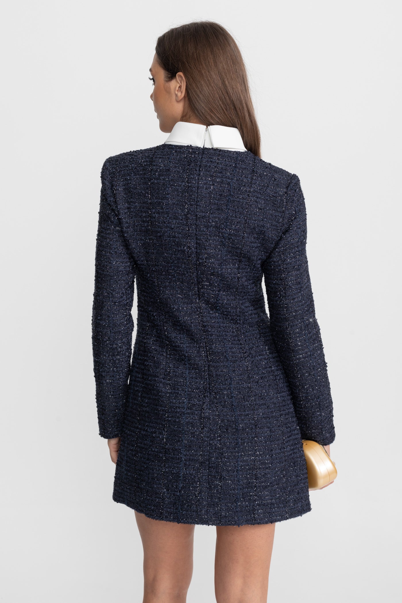 Textured Tweed Mini Dress with Crystal Button Embellishments – Navy