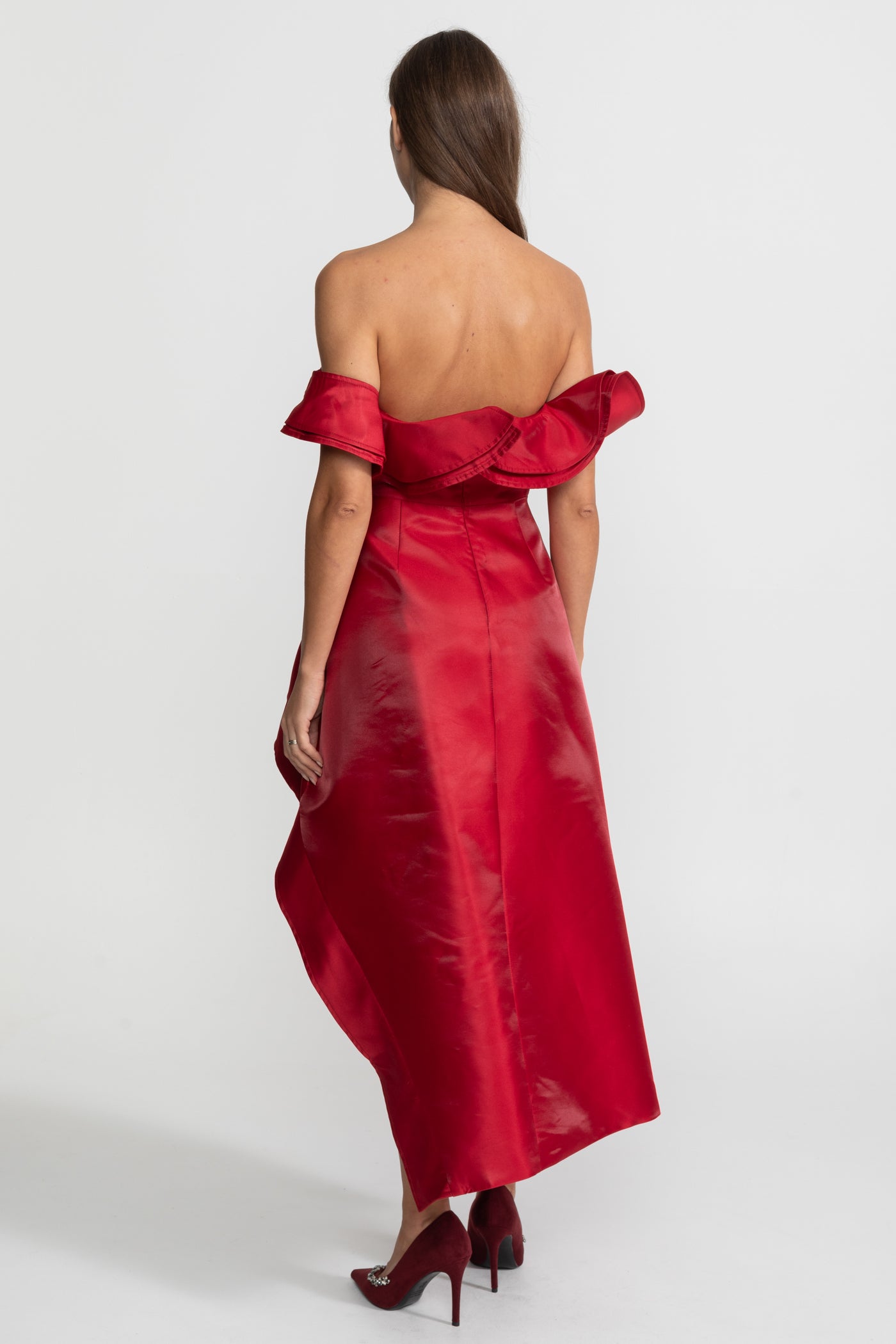 Off-Shoulder Ruffled High-Low Satin Dress – Crimson Red