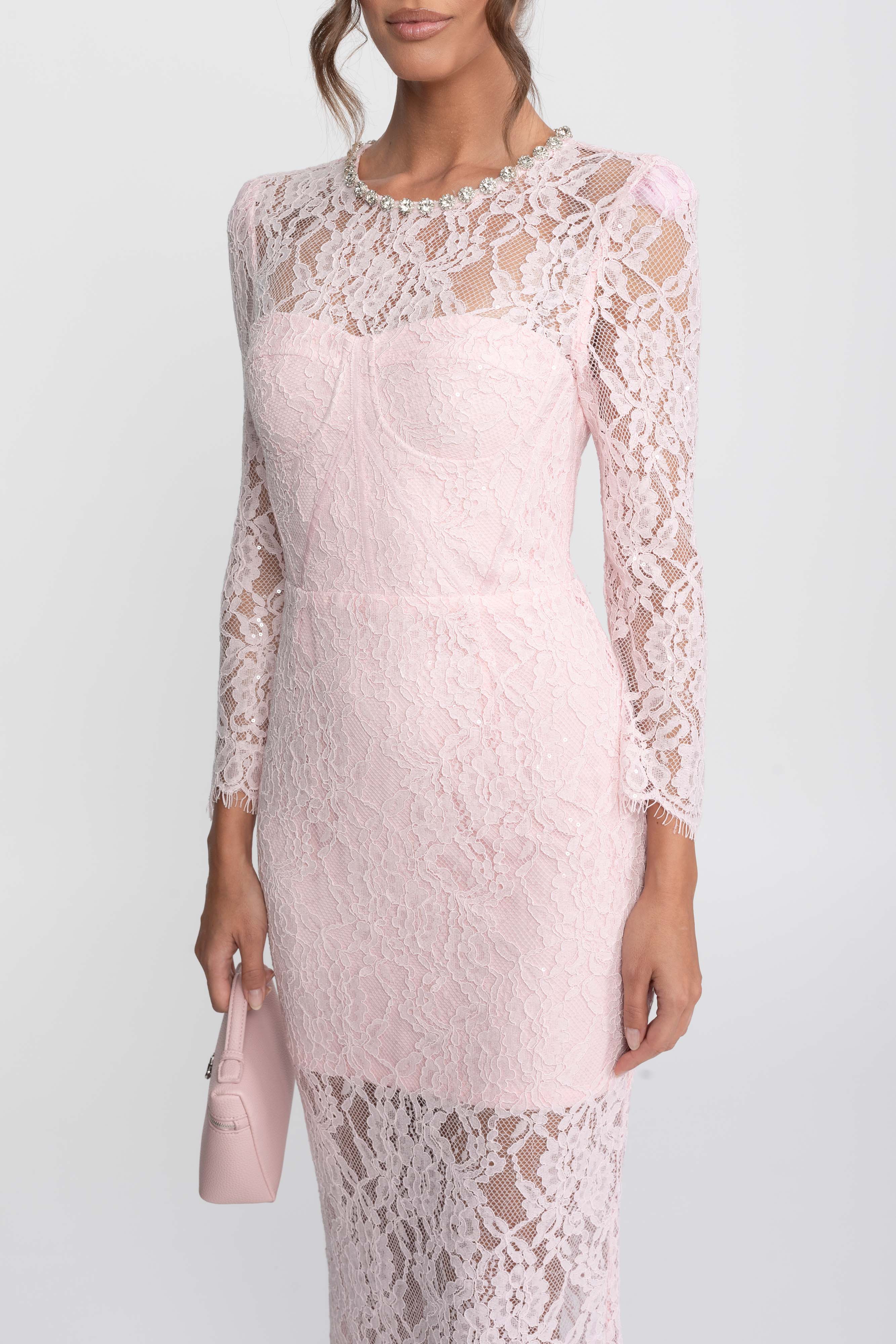 Midikleid mit Spitzenbesatz und Kristall-Ausschnitt - Rosa 