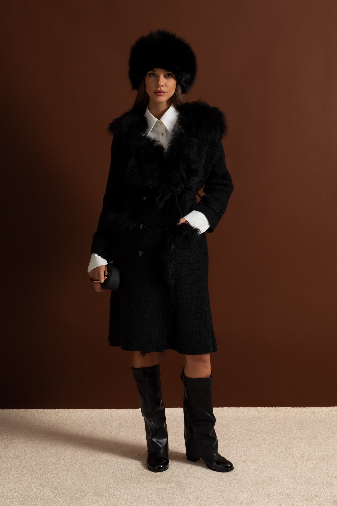 Double-Breasted Wool Knit Overcoat With Fur Trim – Black