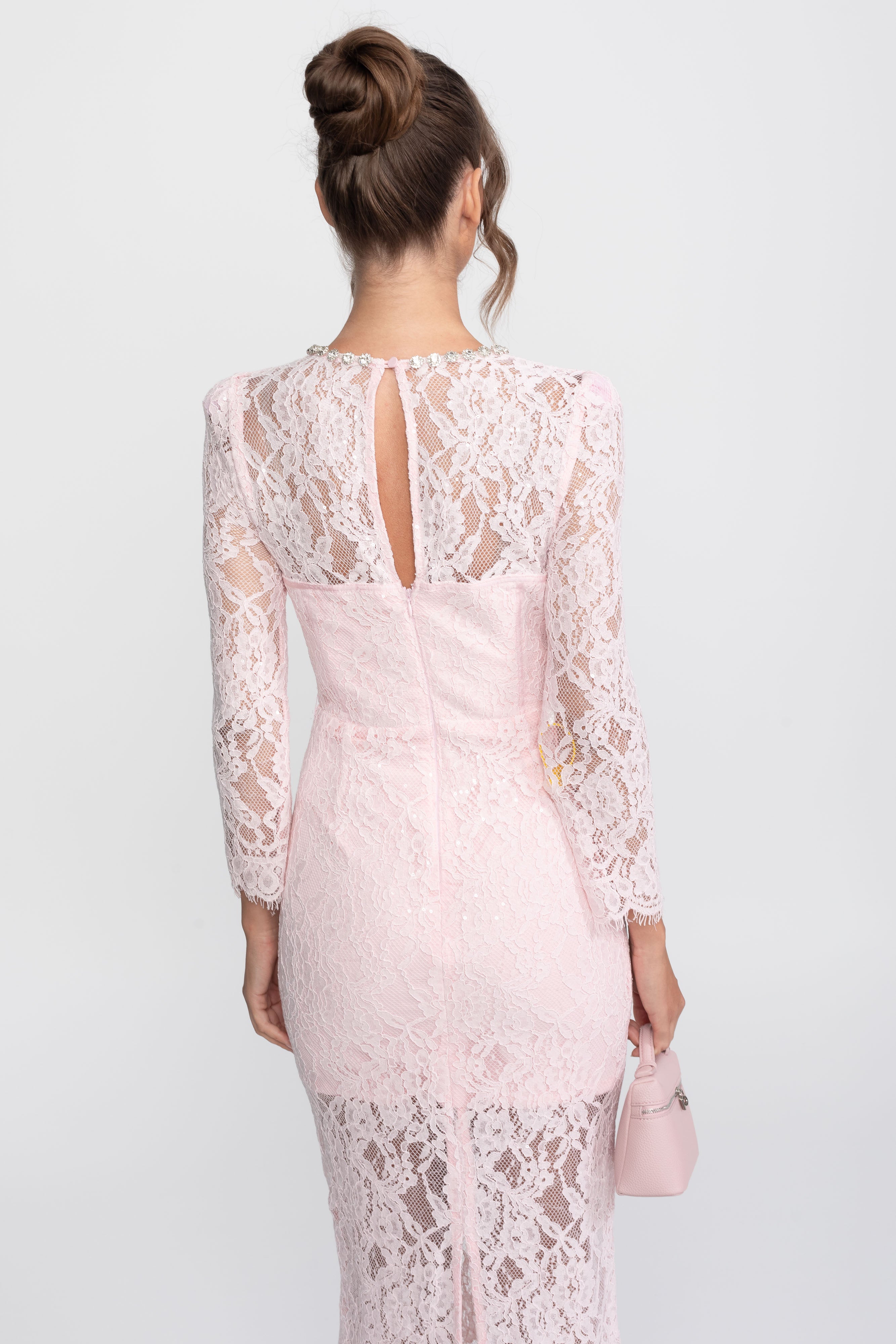 Midikleid mit Spitzenbesatz und Kristall-Ausschnitt - Rosa 