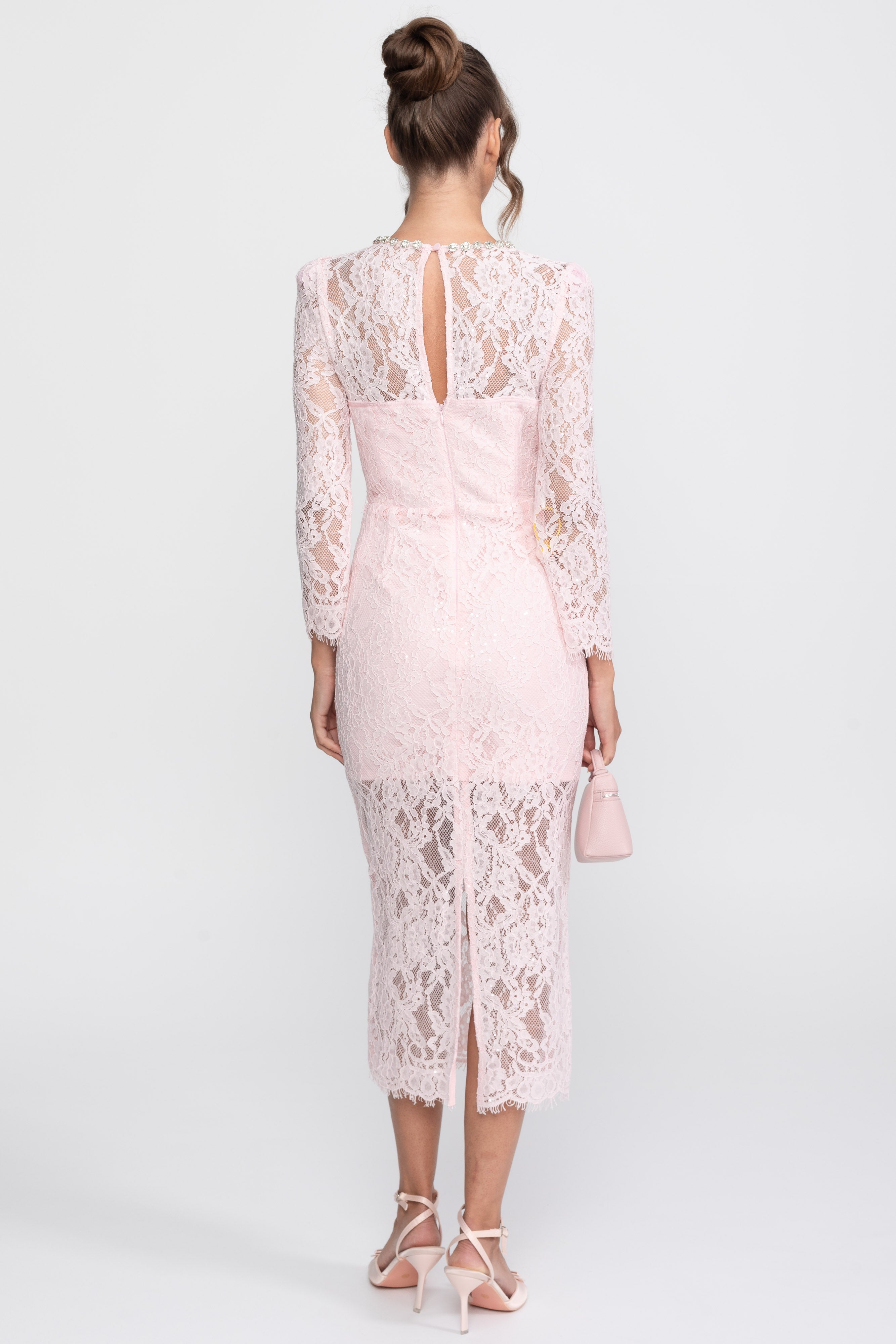 Midikleid mit Spitzenbesatz und Kristall-Ausschnitt - Rosa 