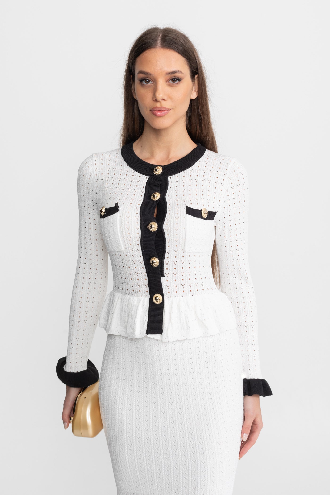 Pointelle Knit Midi Co-Ord with Contrast Trim – White