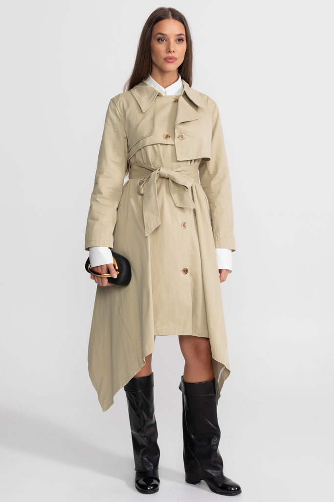 Langer Trenchcoat mit Bindegürtel und asymmetrischem Saum – Beige 