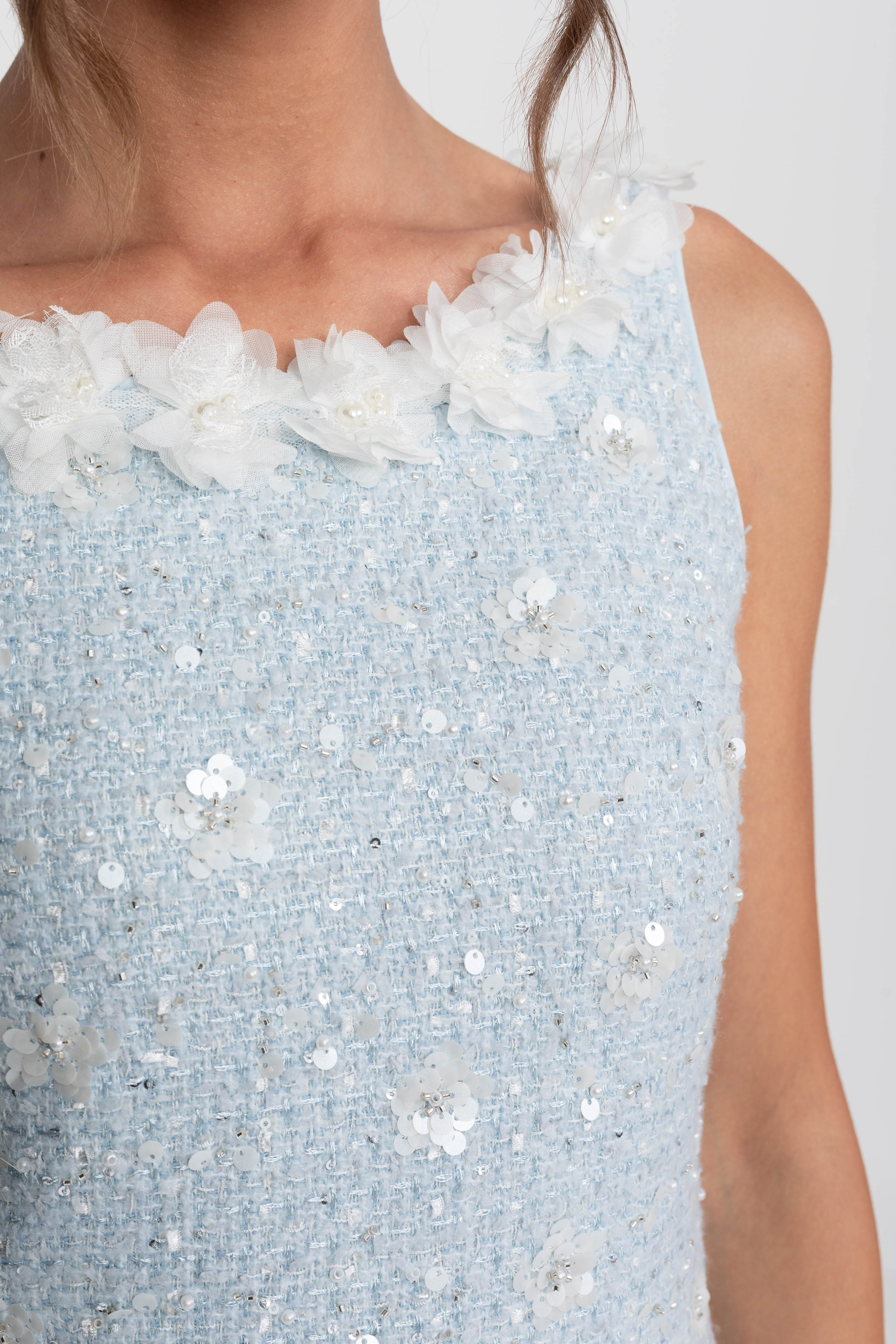 Ribbed Knit Mini Dress With Floral collar - Light Blue