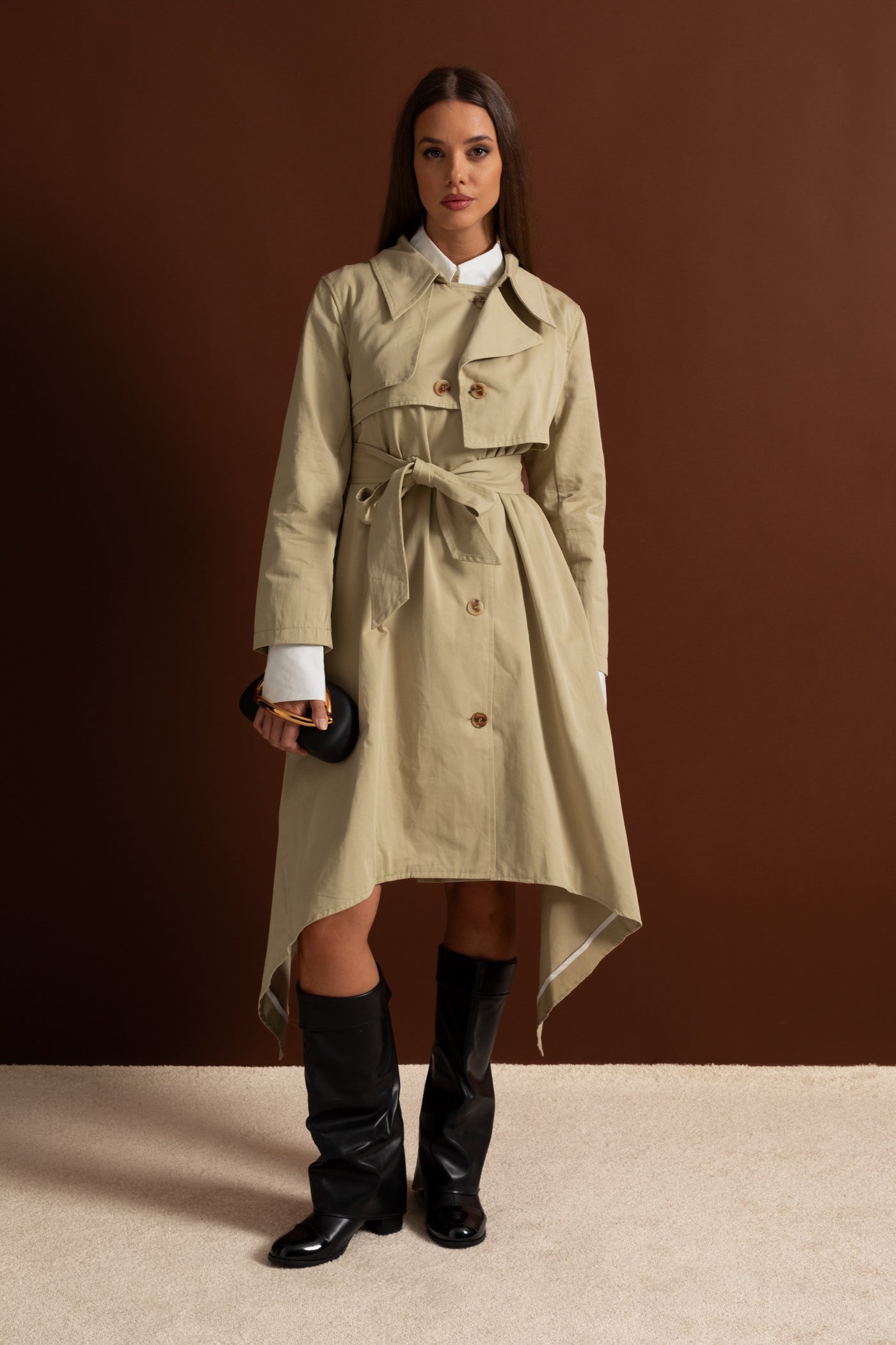 Long Trench Coat with Tie Belt and Asymmetrical Hem - Beige