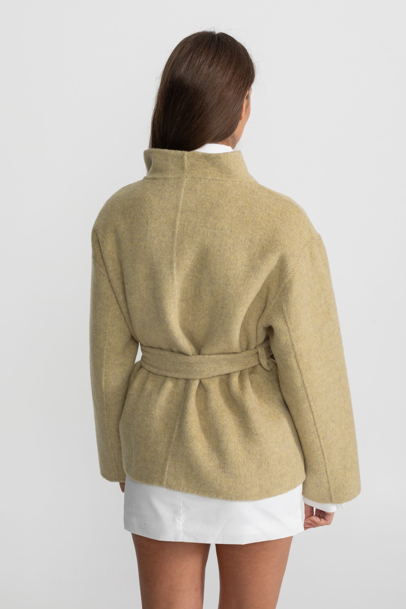 Belted Mini Coat With High Neckline - Beige