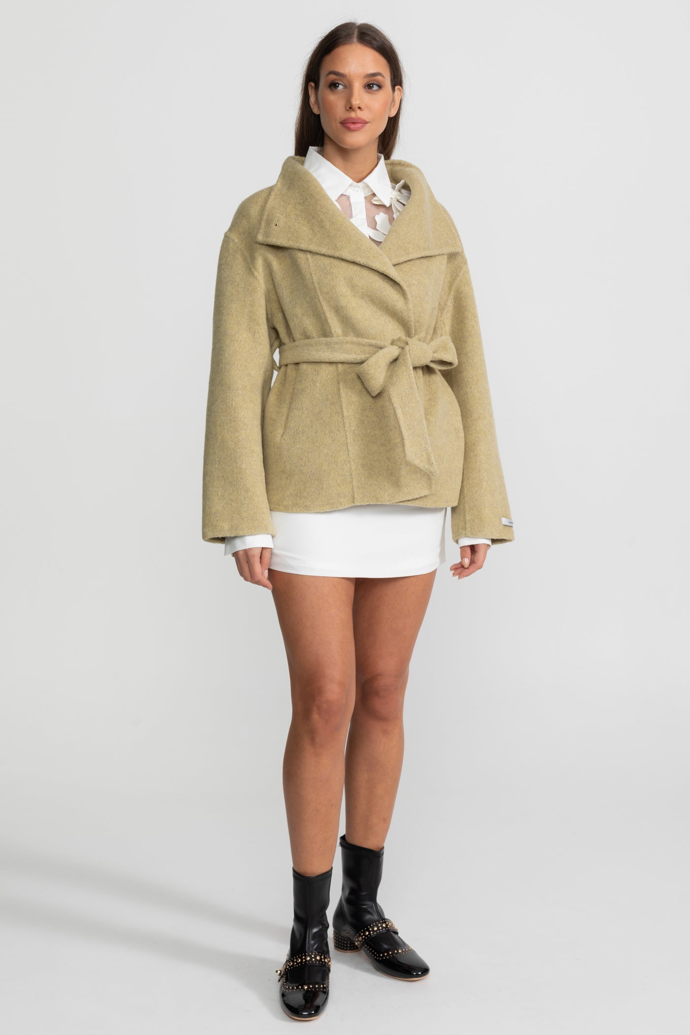 Belted Mini Coat With High Neckline - Beige