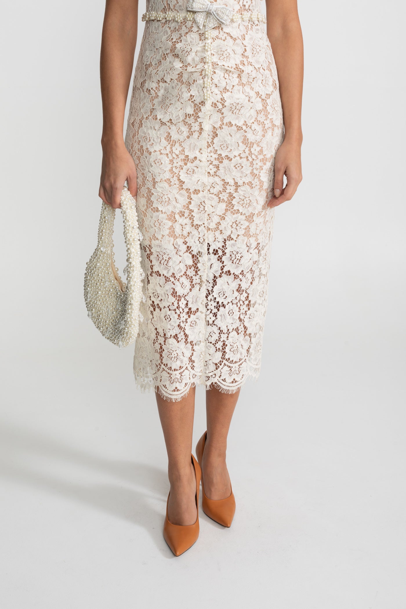 Embellished Lace Midi Dress With Bow Detailing – Ivoire