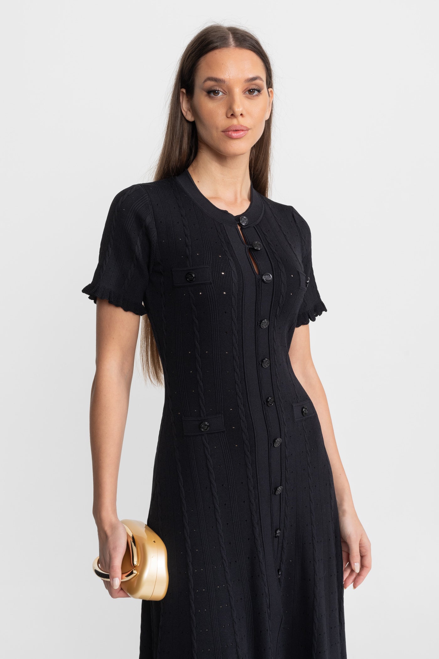 Knit Button-Front Midi Dress with Scalloped Sleeves – Black