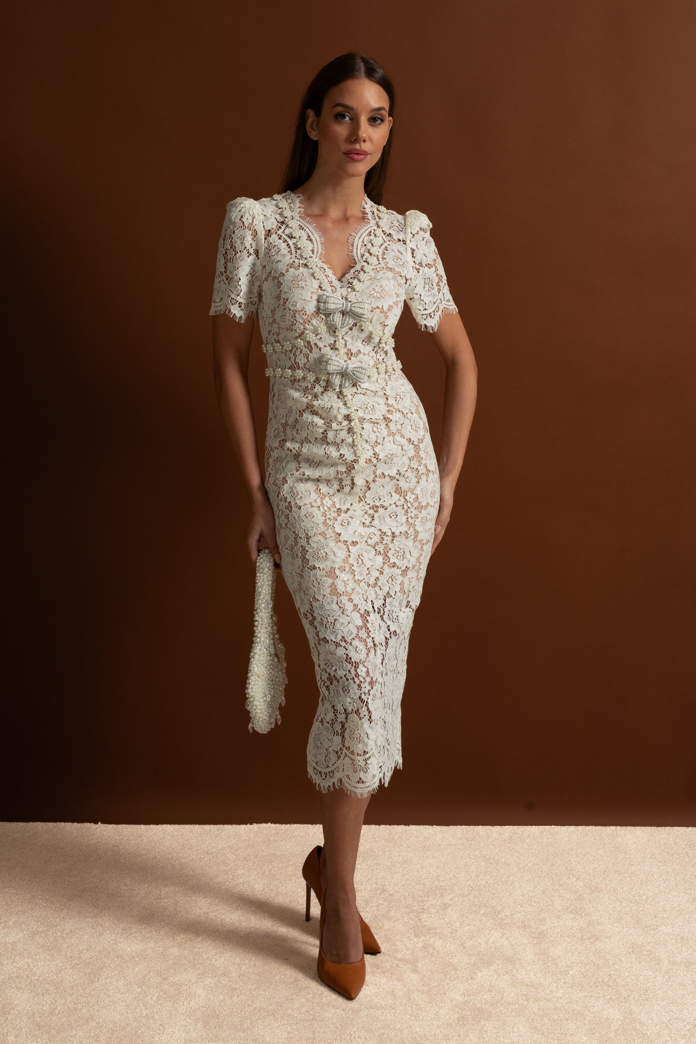 Embellished Lace Midi Dress With Bow Detailing – Ivoire