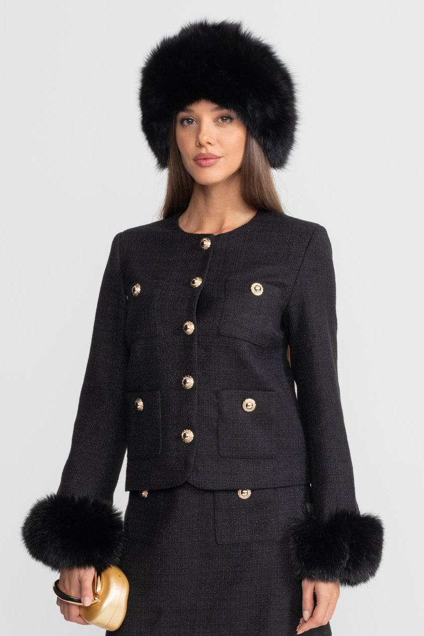 Tweed Blazer With Faux Fur Cuffs And Gold Buttons – Black