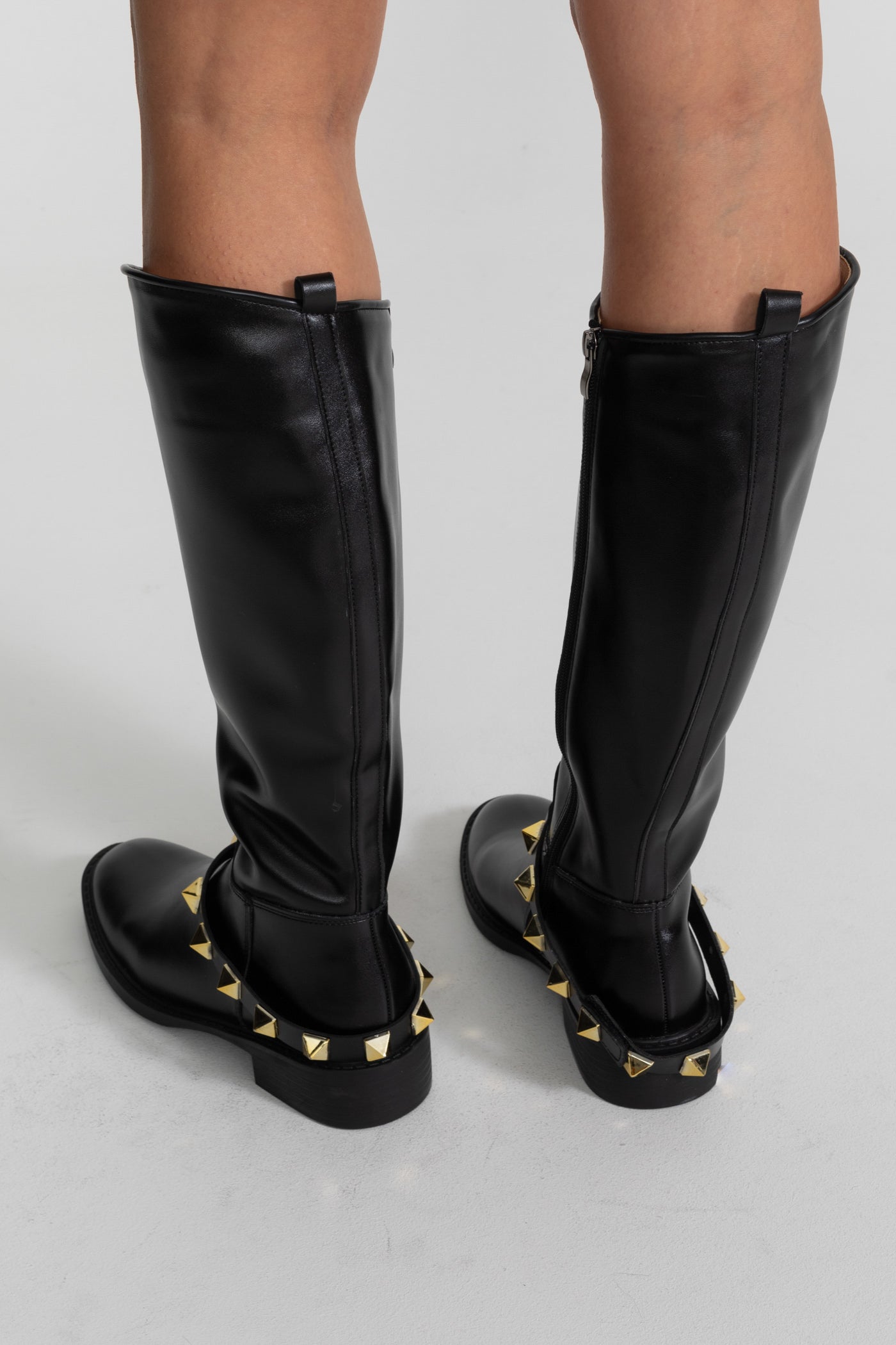 Knee-High Boots With Gold Stud Strap – Black