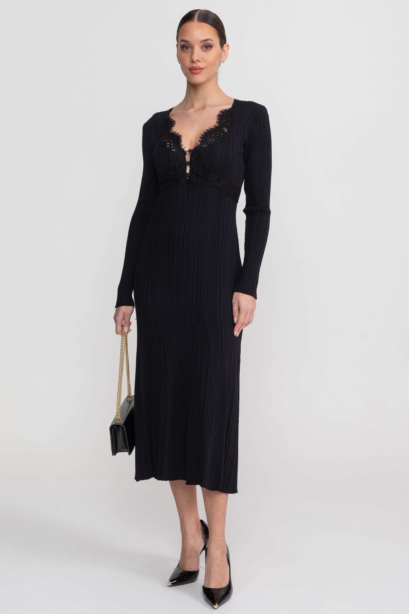 Ribbed Long Sleeve Midi Dress With Lace-Trim V-Neckline - Black